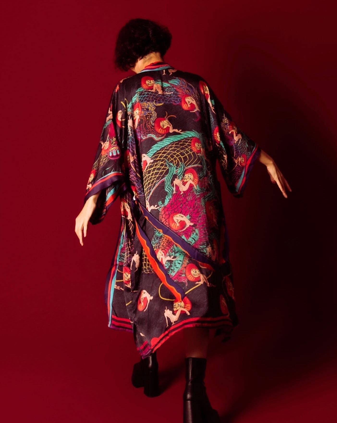 Silky sexy black kimono with a Japanese dragon hand-drawn print on a luxurious, lightweight, high quality fabric.
