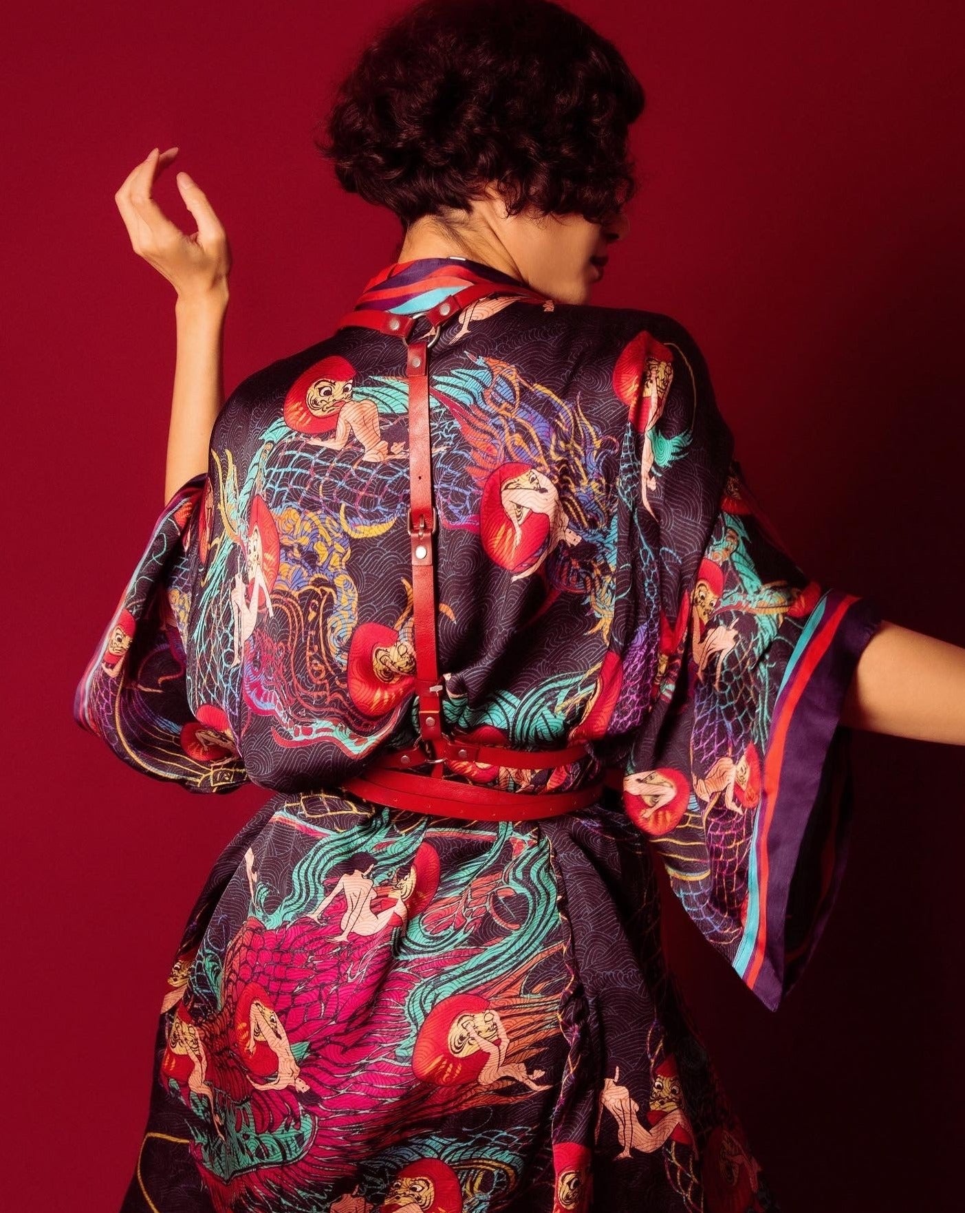 Silky sexy black kimono with a Japanese dragon hand-drawn print on a luxurious, lightweight, high quality fabric.