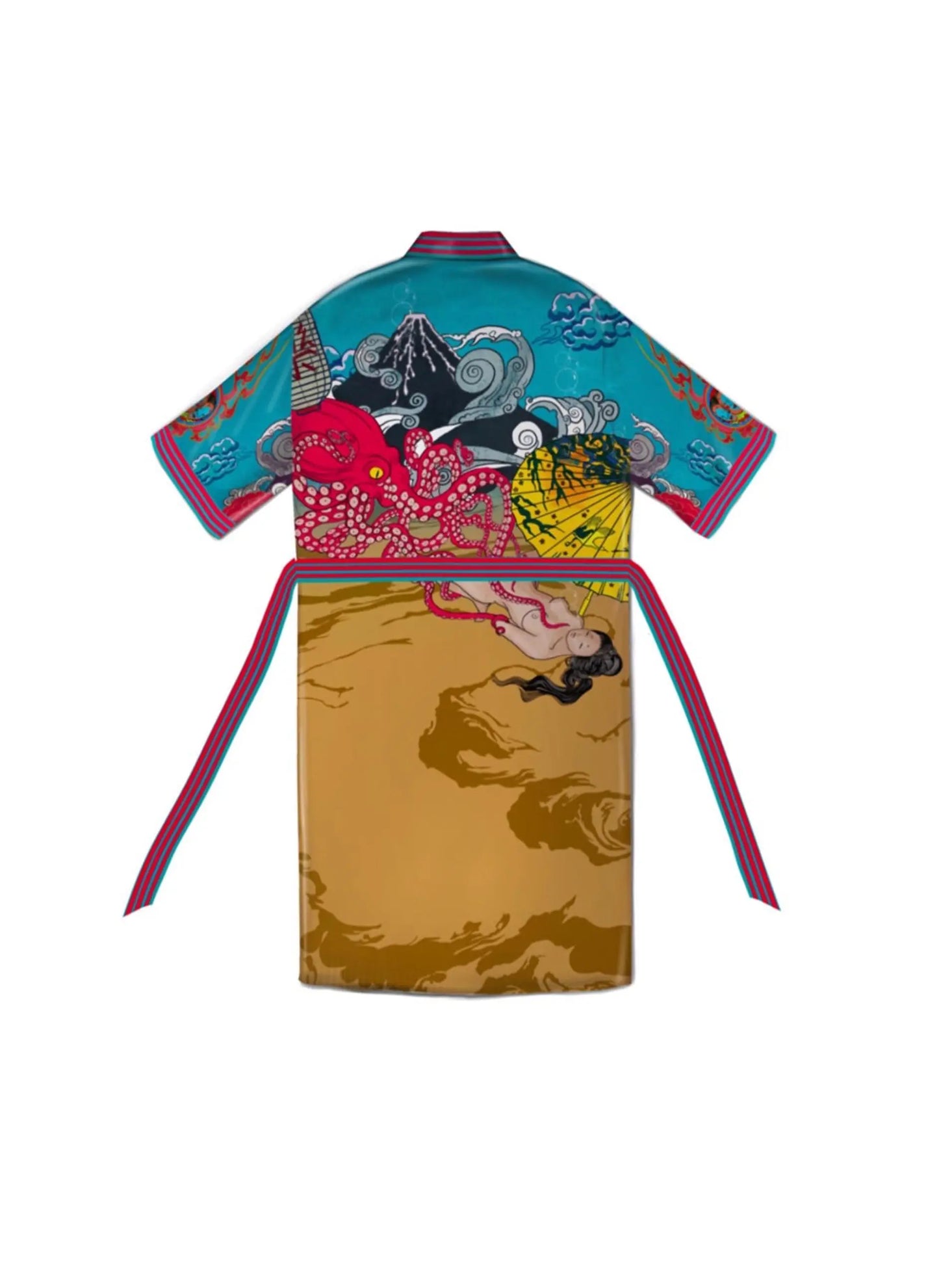 close up of Back view showing flow and hand-drawn detail on gold fabric