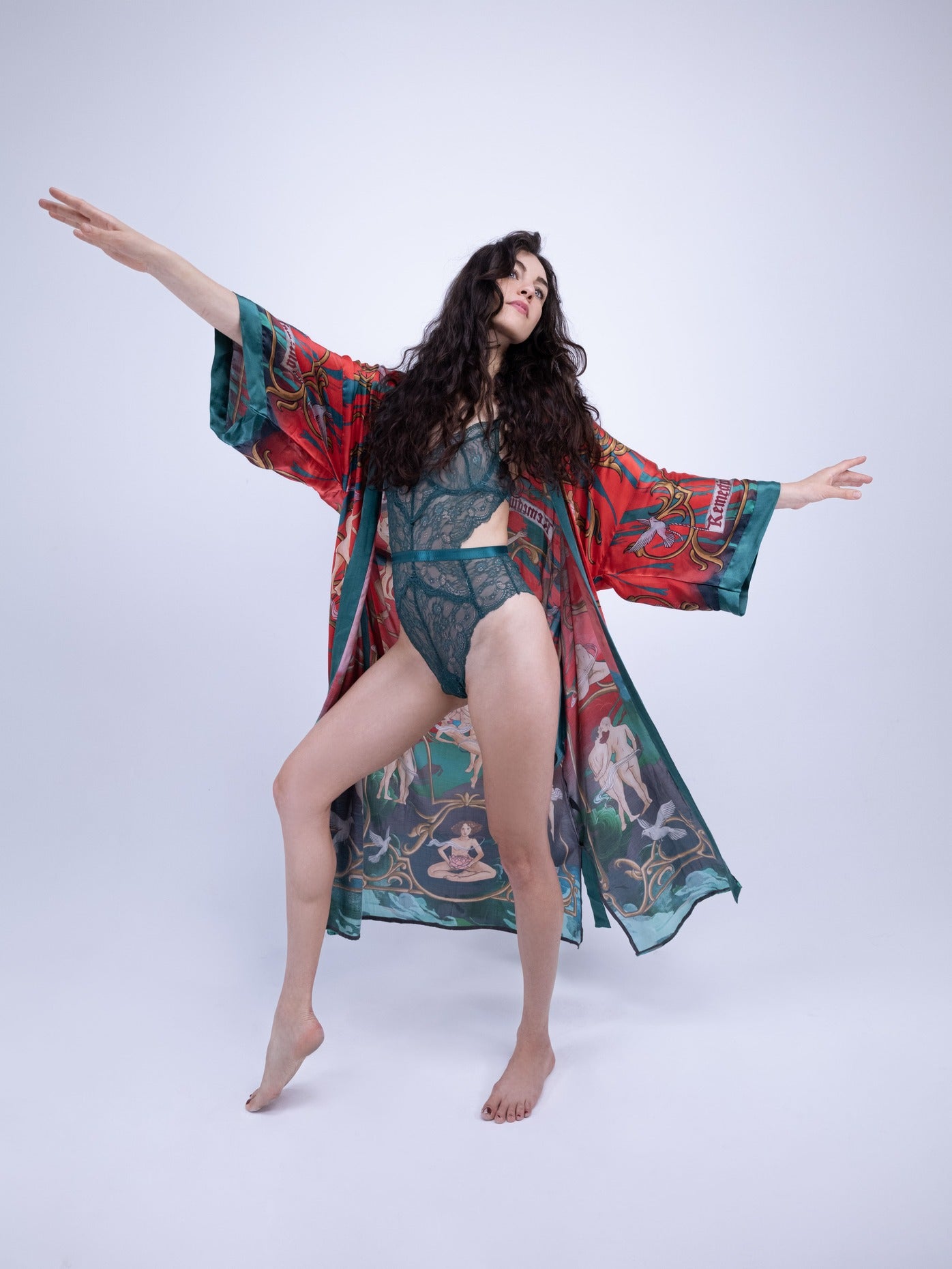 Front view of red artistic kimono with hand-drawn feminist artwork