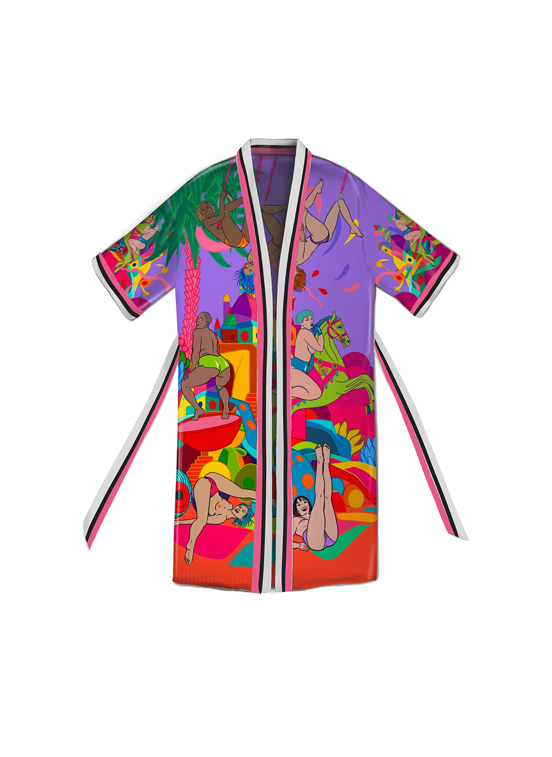 Front view of Girls Lila artistic kimono with hand-painted, colorful design on Cupro Bemberg fabric