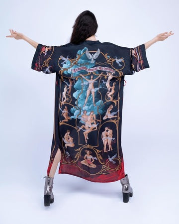 Back view of flowing artistic kimono highlighting feminine concept artwork