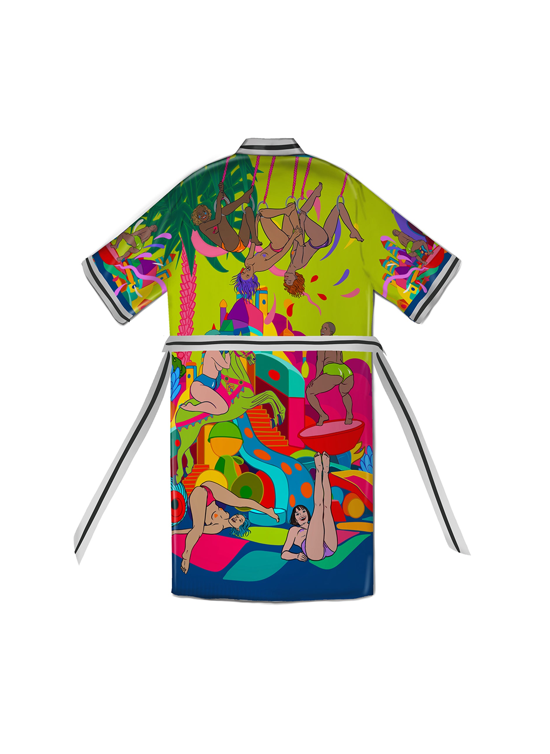 Back view of artistic kimono showing flowing fit and colorful design close up