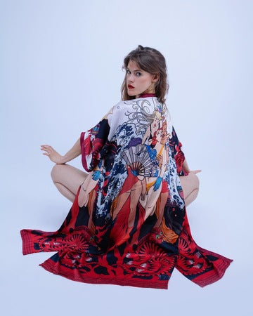 Back view of flowing artistic kimono showing design and drape