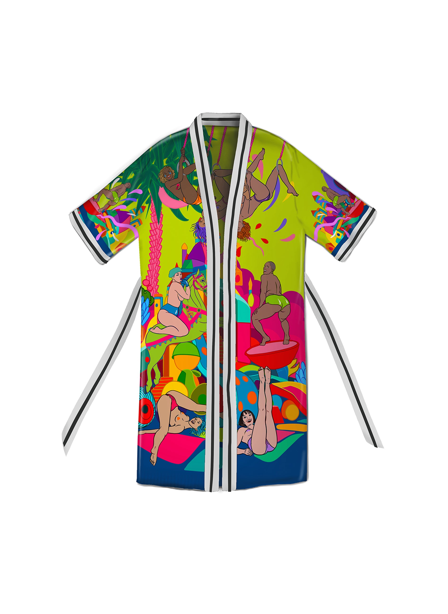 Front view of Girls Neon Artistic Kimono with hand-drawn artwork on neon fabric