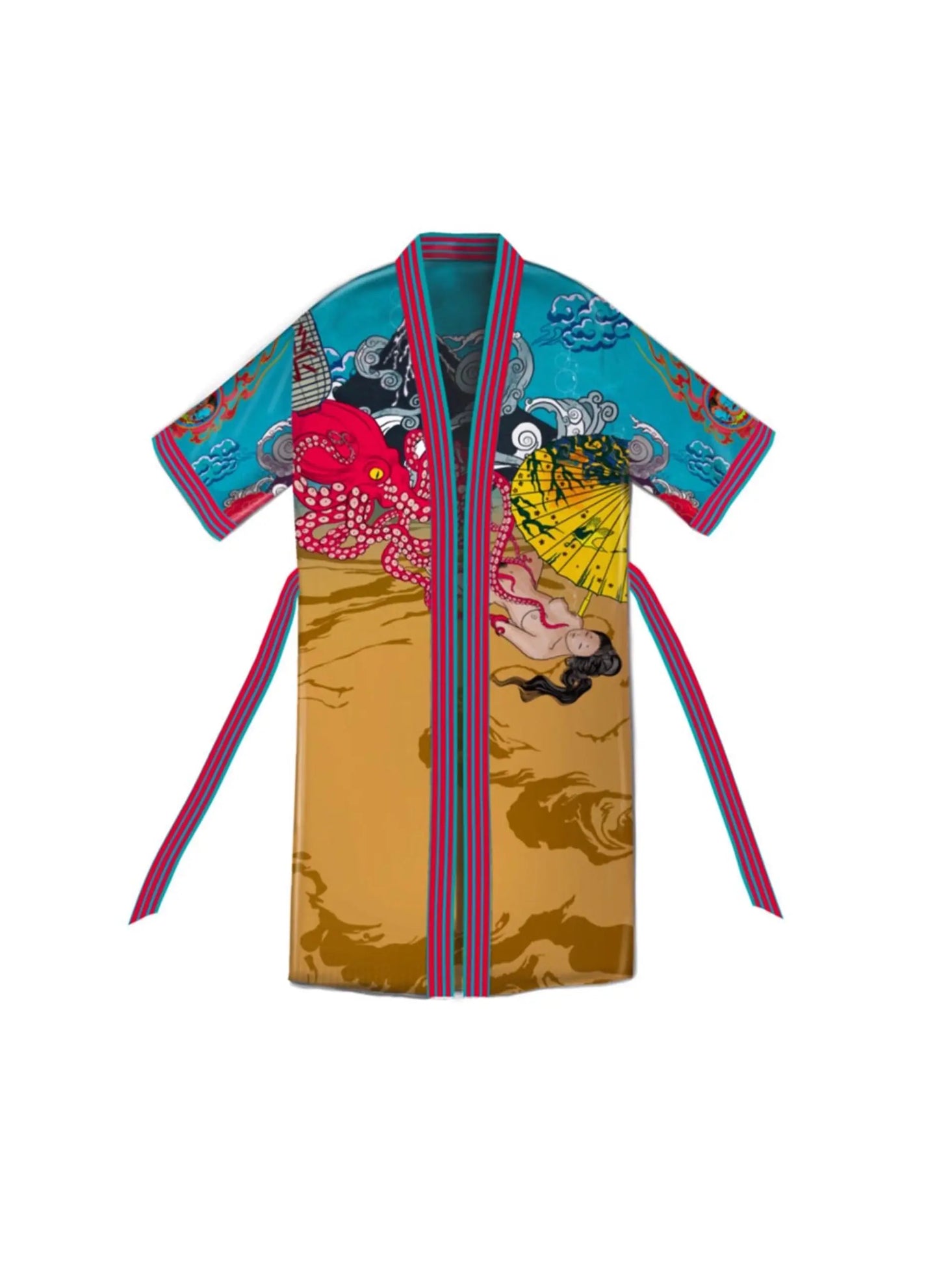 Front view of Japanese Dream golden artistic kimono with illustrated design