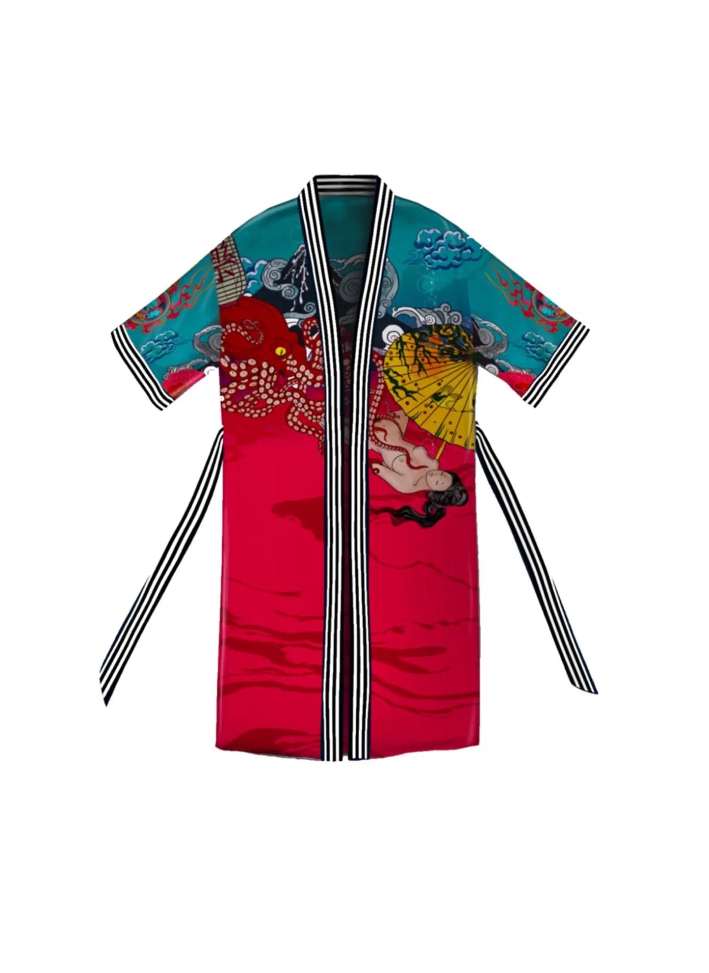 Front view of Japanese Dream artistic kimono in red with hand-drawn feminine artwork