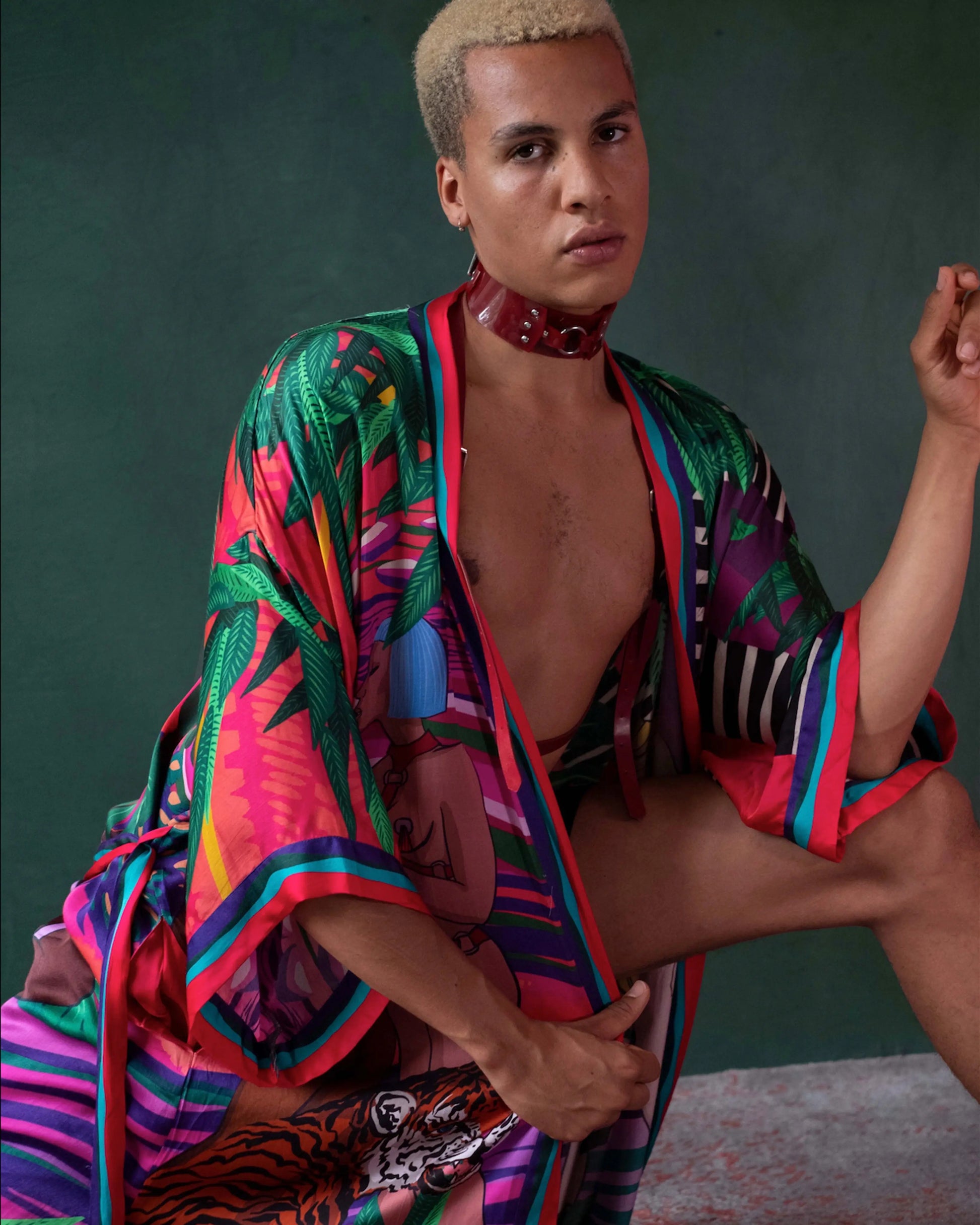 Front view of Jungle of Eden artistic kimono in tropical colors with hand-drawn feminine artwork