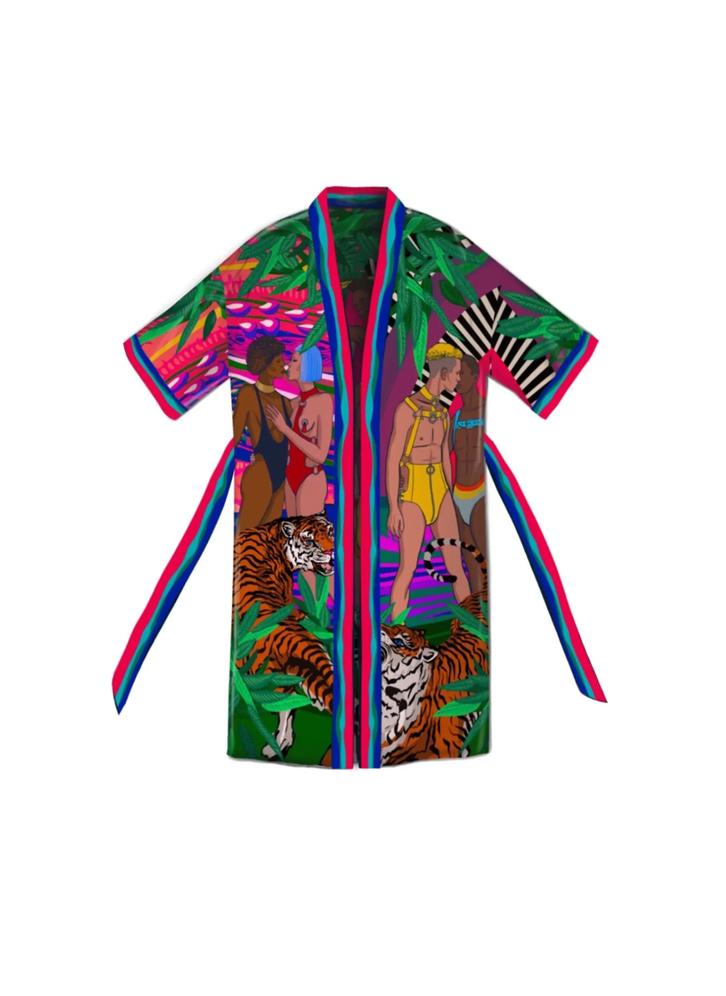 Front view of Jungle of Eden artistic kimono in tropical colors with hand-drawn feminine artwork