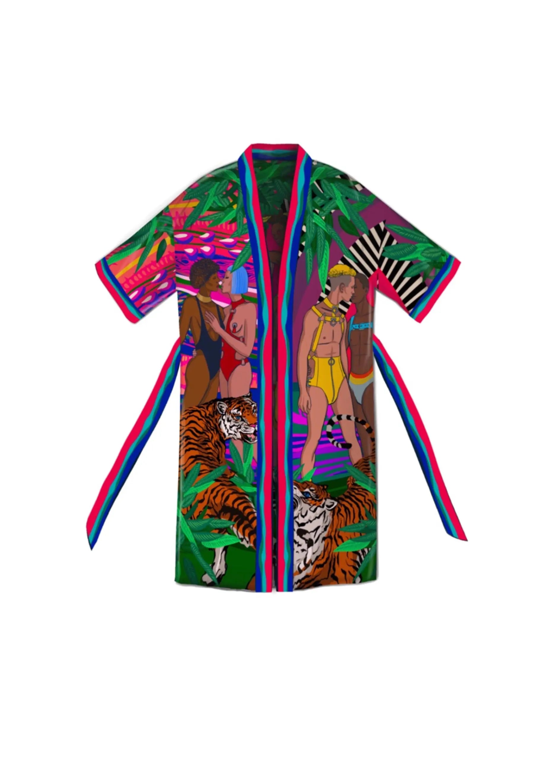Front view of Jungle of Eden artistic kimono in tropical colors with hand-drawn feminine artwork