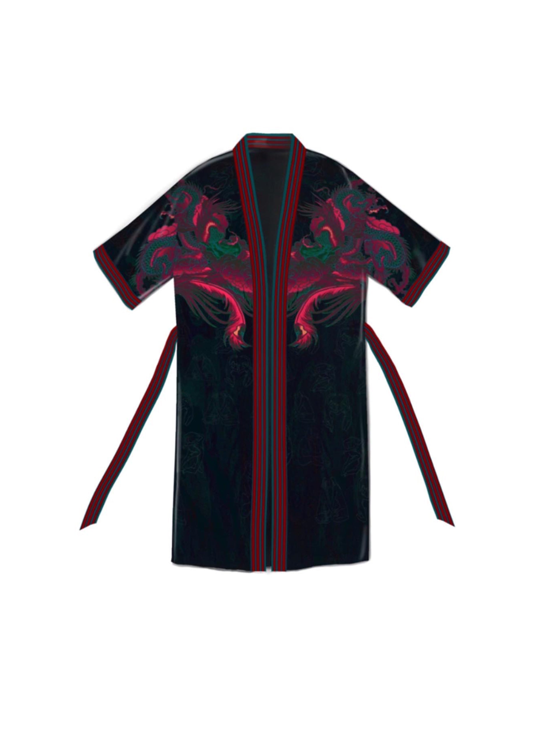 Front view of Night Dragon black artistic kimono with symbolic hand-drawn design