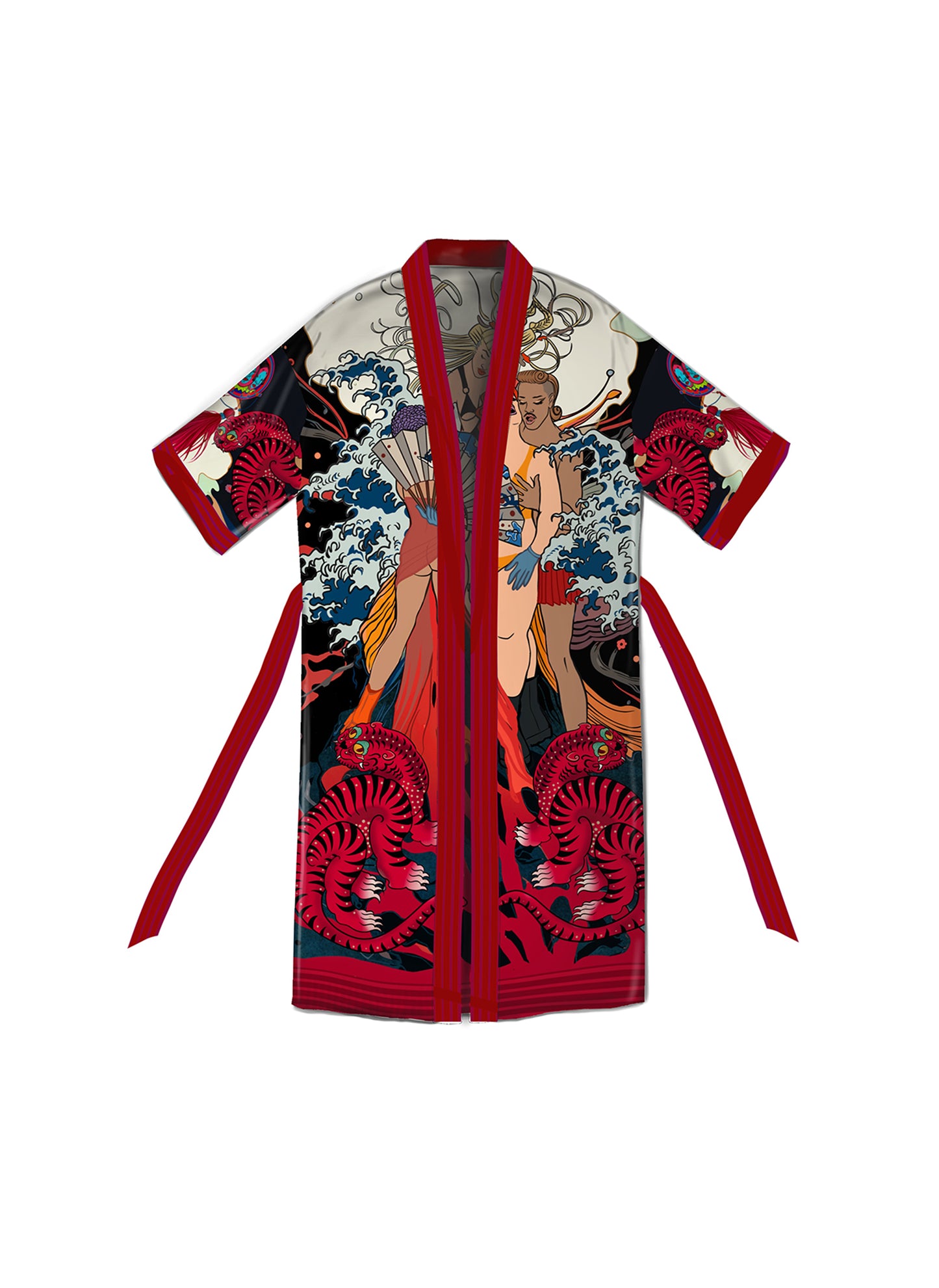 Front view of Q-Q Berlin artistic kimono with hand-drawn illustrations