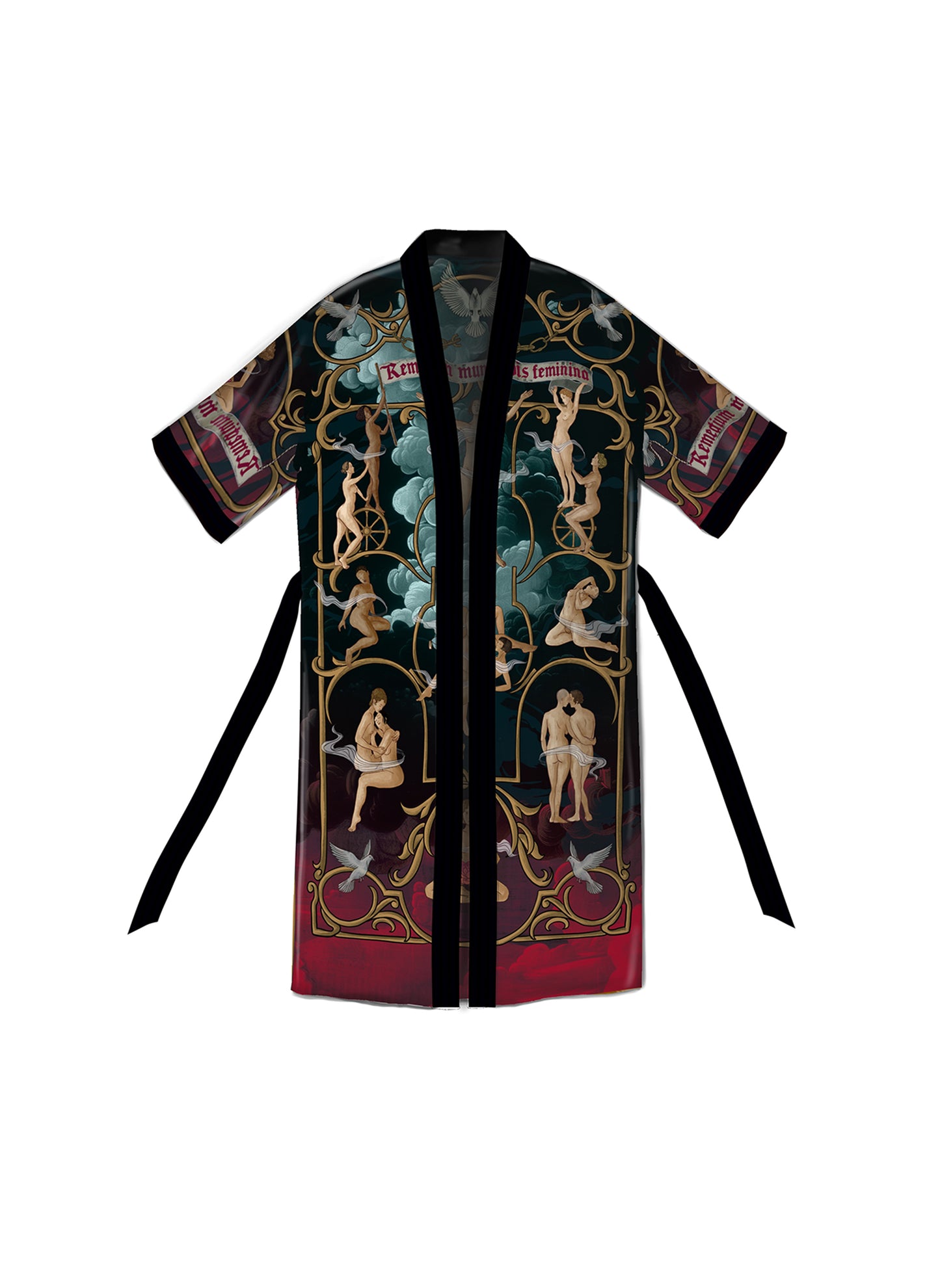 Front view of Vis Black artistic kimono with symbolic hand-drawn designs
