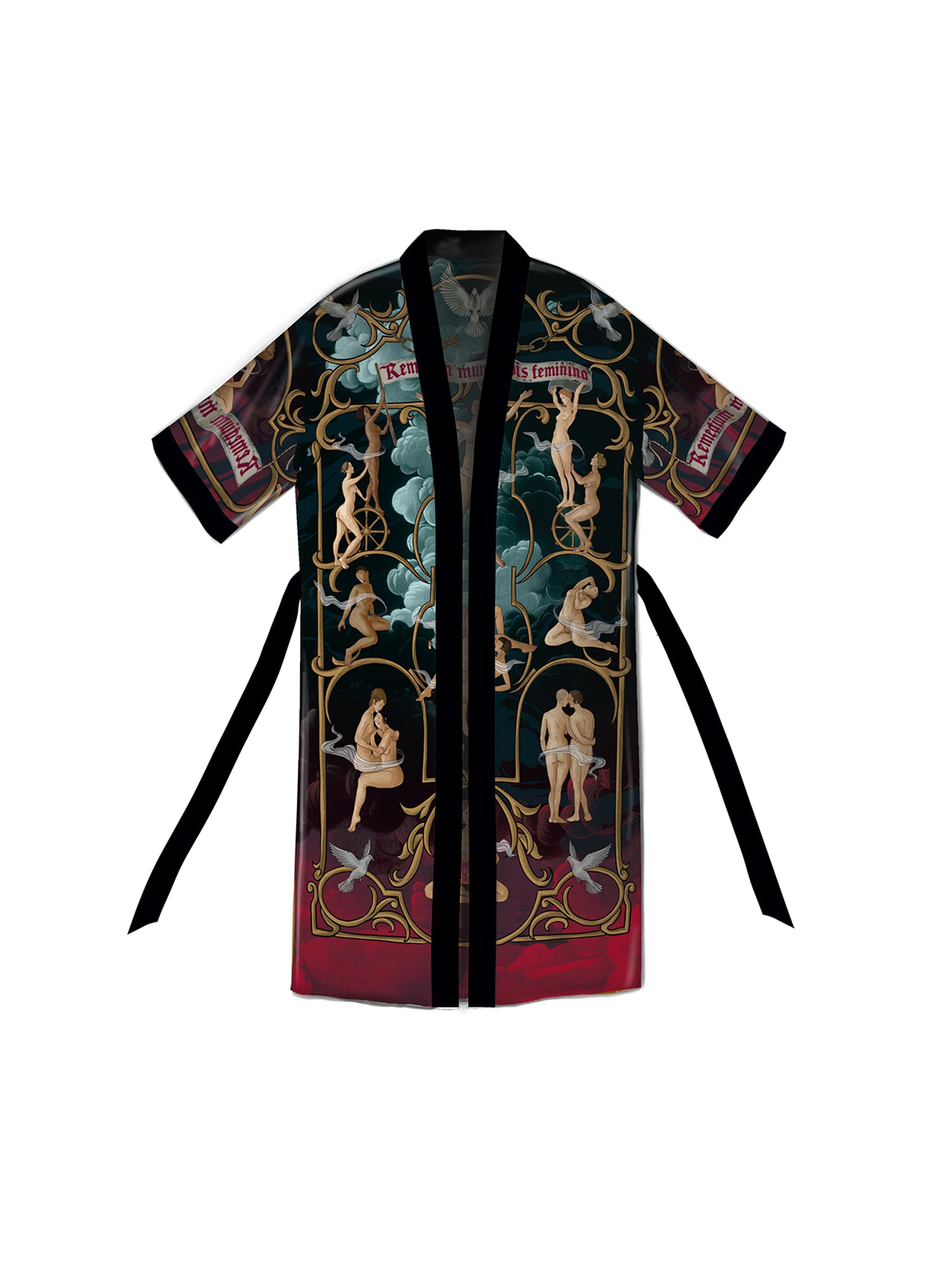 Front view of Vis Black artistic kimono with symbolic hand-drawn designs