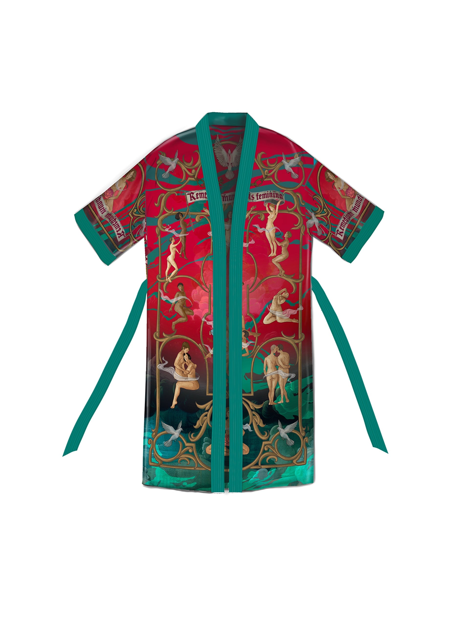 Front view of red artistic kimono with hand-drawn feminist artwork