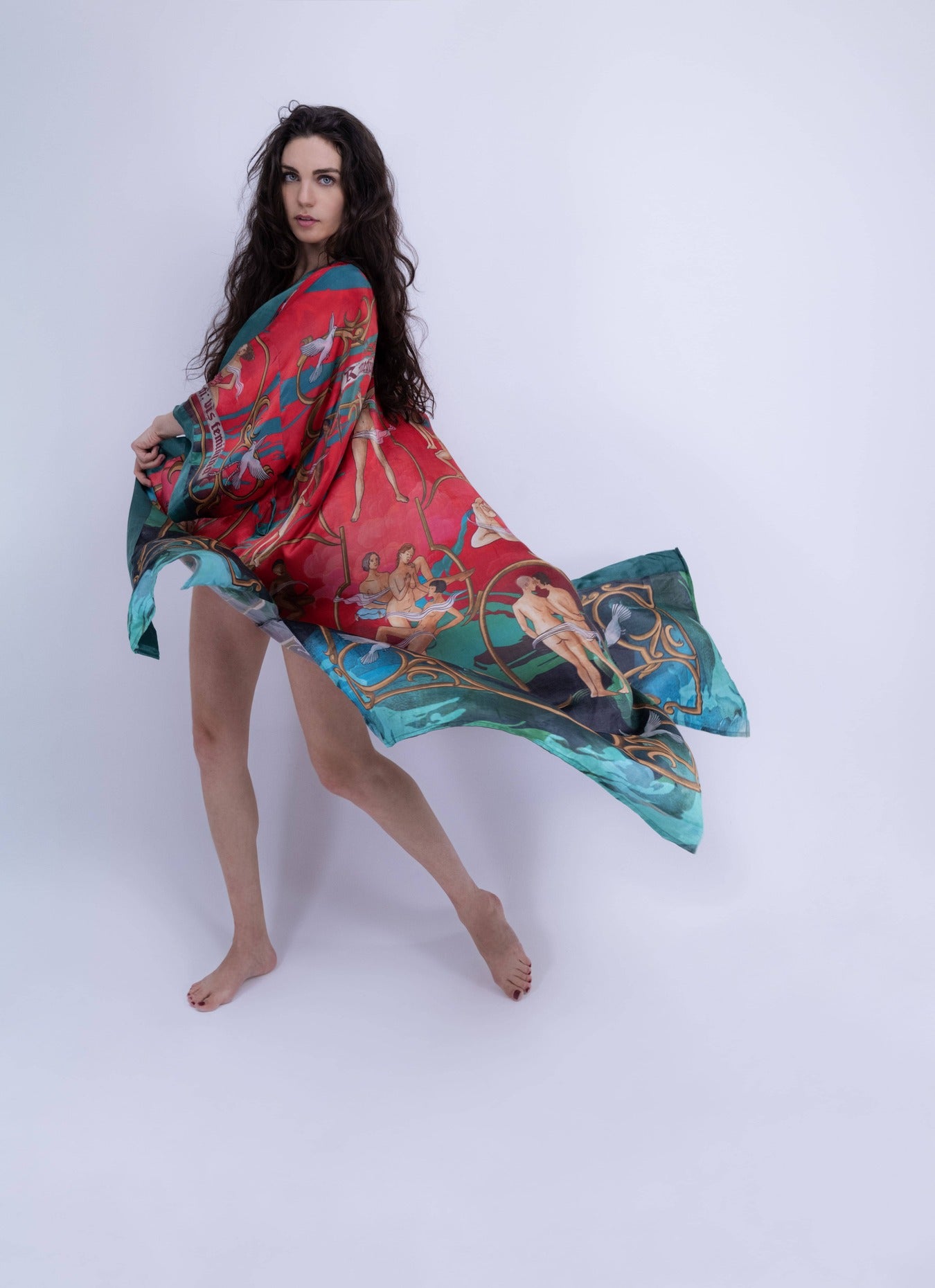 Side right angle showing relaxed fit and functional pockets of the artistic kimono