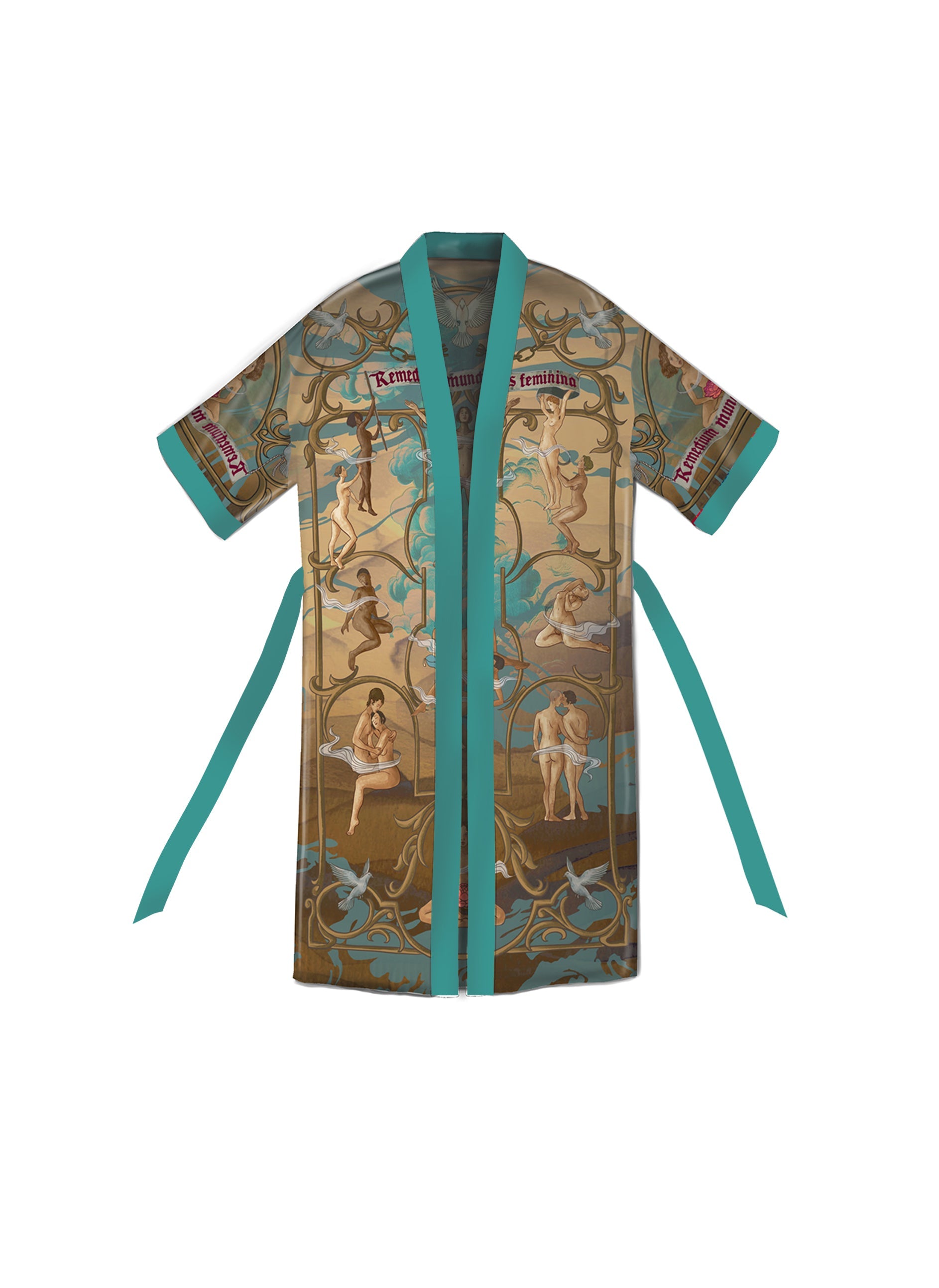 Front view of Vis Feminina artistic kimono with hand-painted feminine artwork