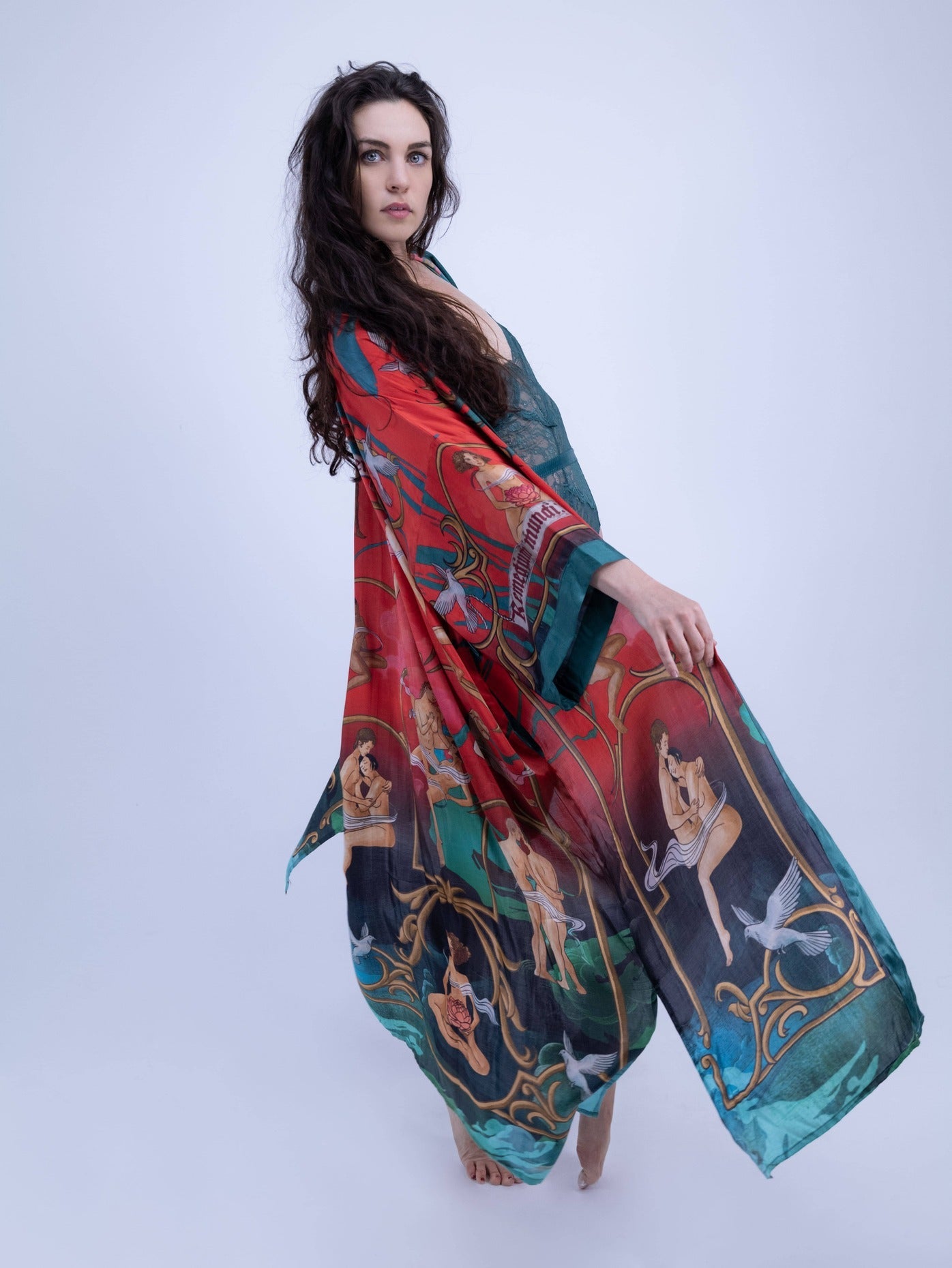 Side angle showing relaxed fit and functional pockets of the artistic kimono