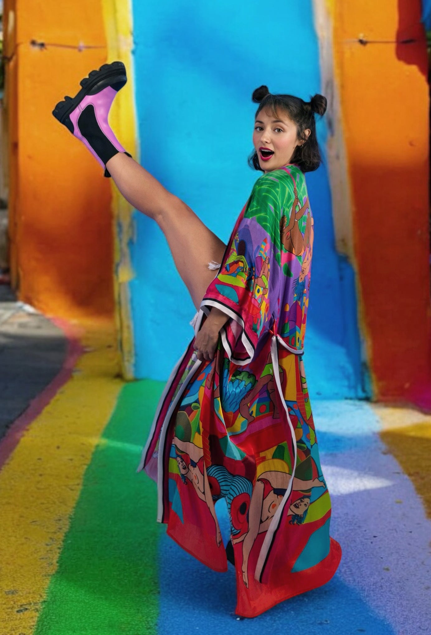 Side view of artistic kimono showing relaxed fit and functional pocket details