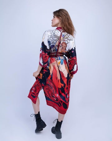 Back view of flowing artistic kimono showing design and drape