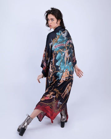 Back view of flowing artistic kimono