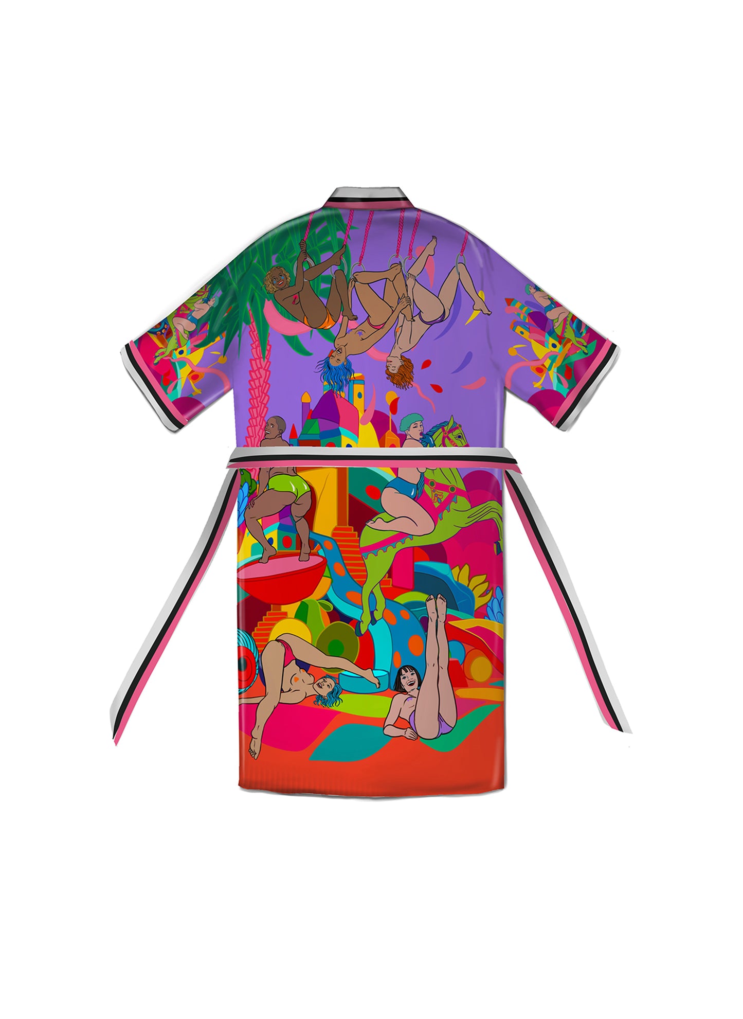 Close-up of silky Cupro Bemberg fabric with bold, hand-painted artwork in vibrant colorscollection