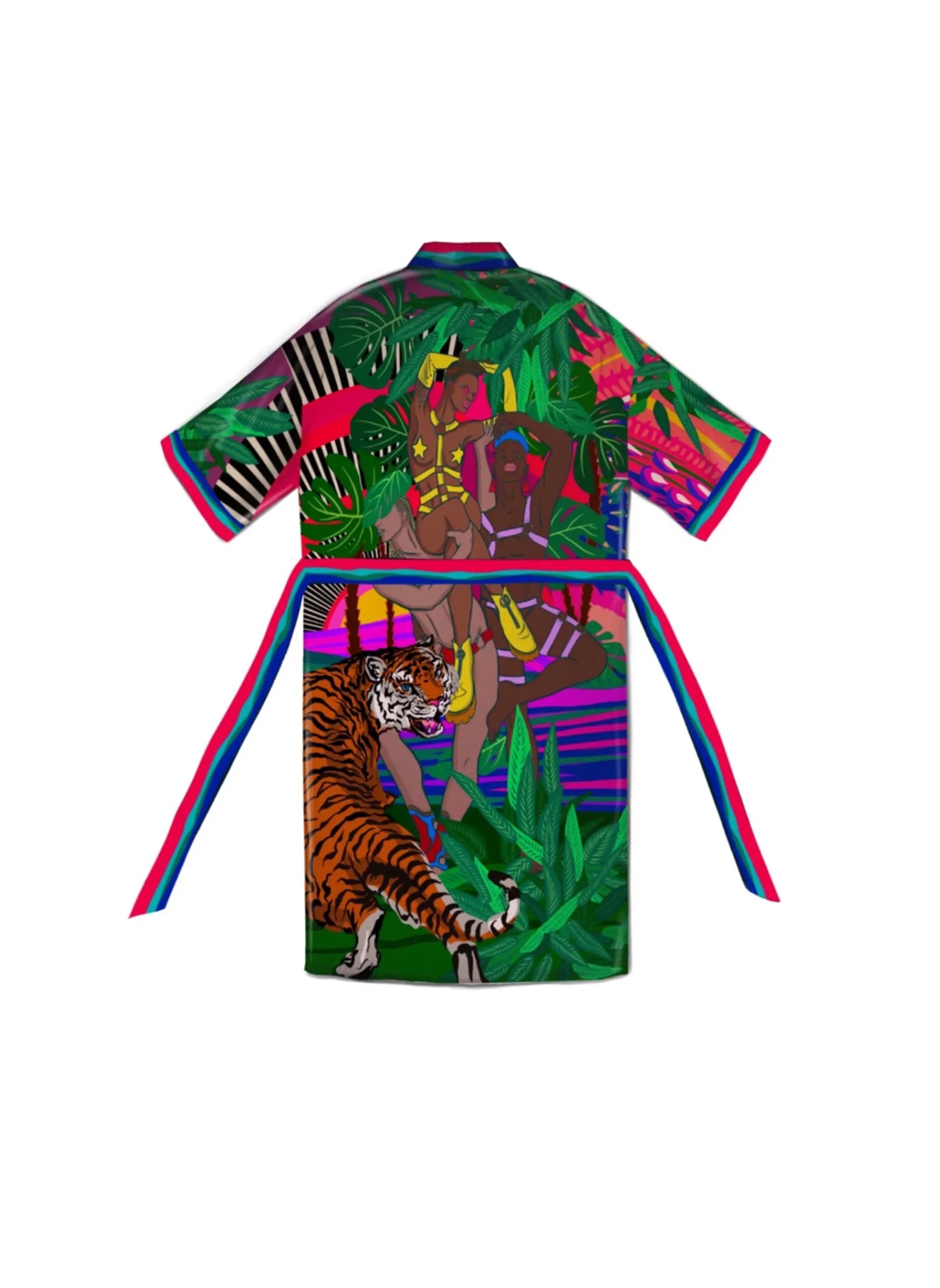 Close-up of hand-drawn illustration and silky texture on the artistic kimono