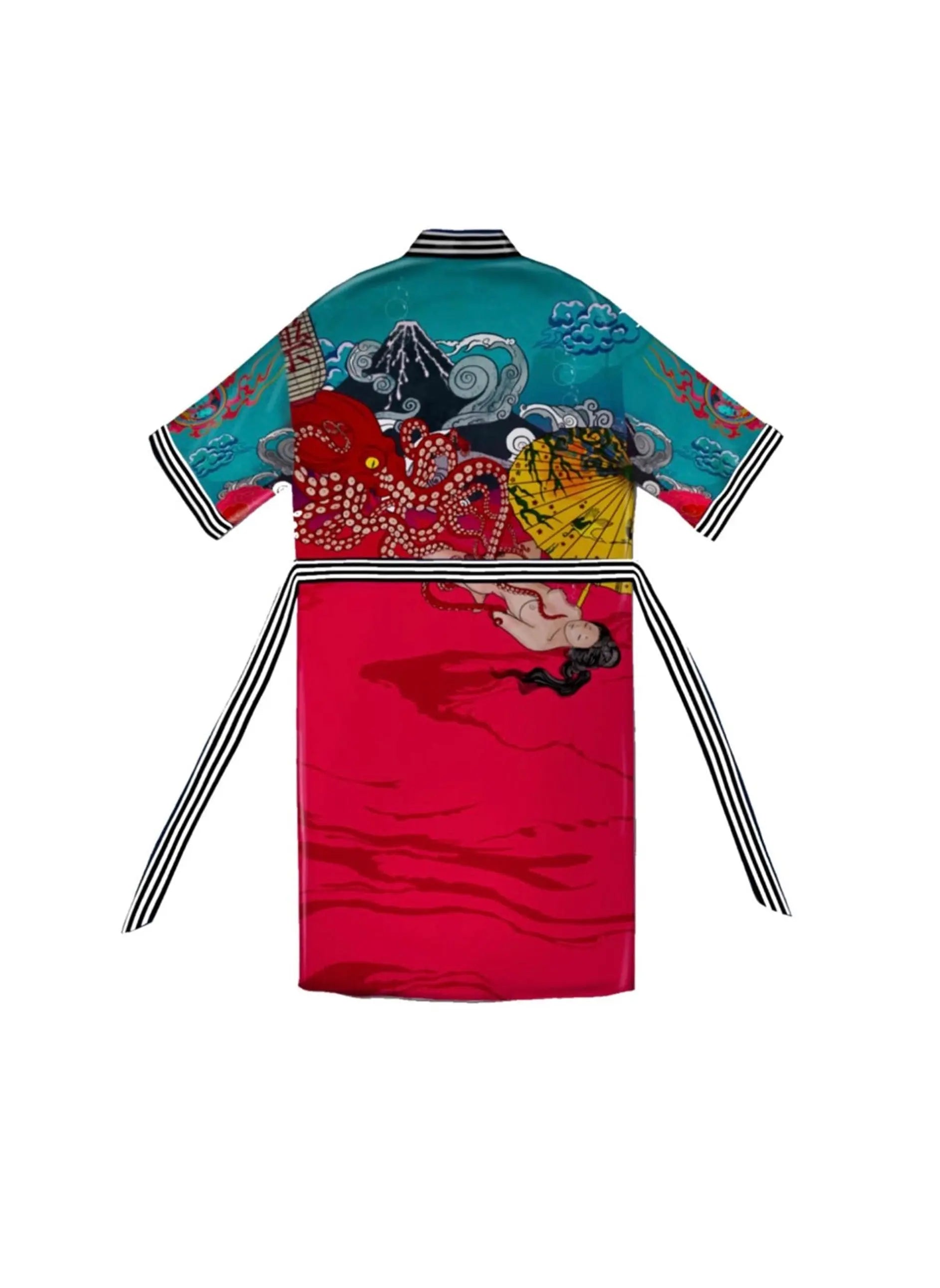 Back view showing the flowing red Cupro Bemberg fabric with artistic illustrations