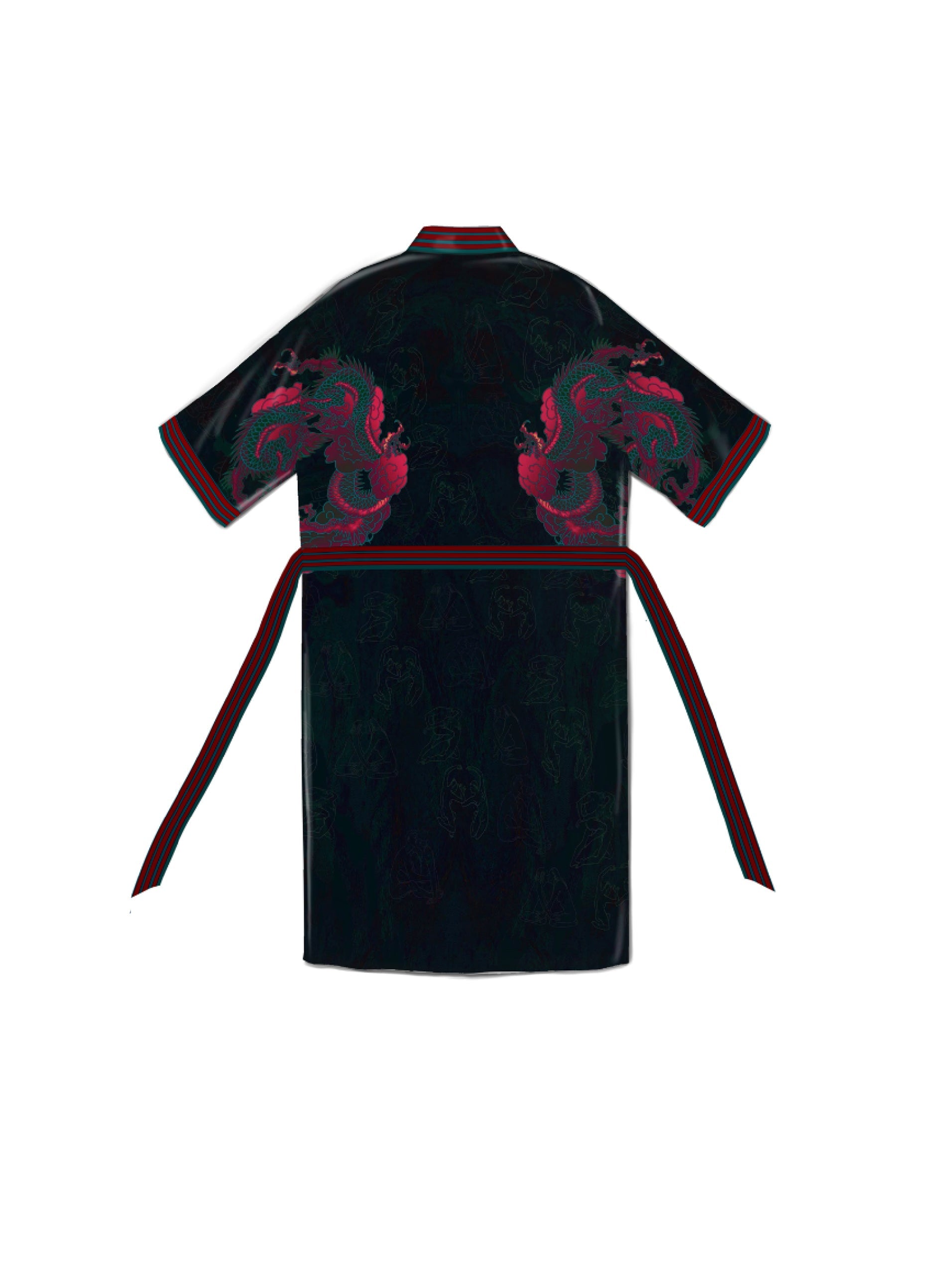 Back view of flowing kimono showcasing artwork and soft black fabric close up