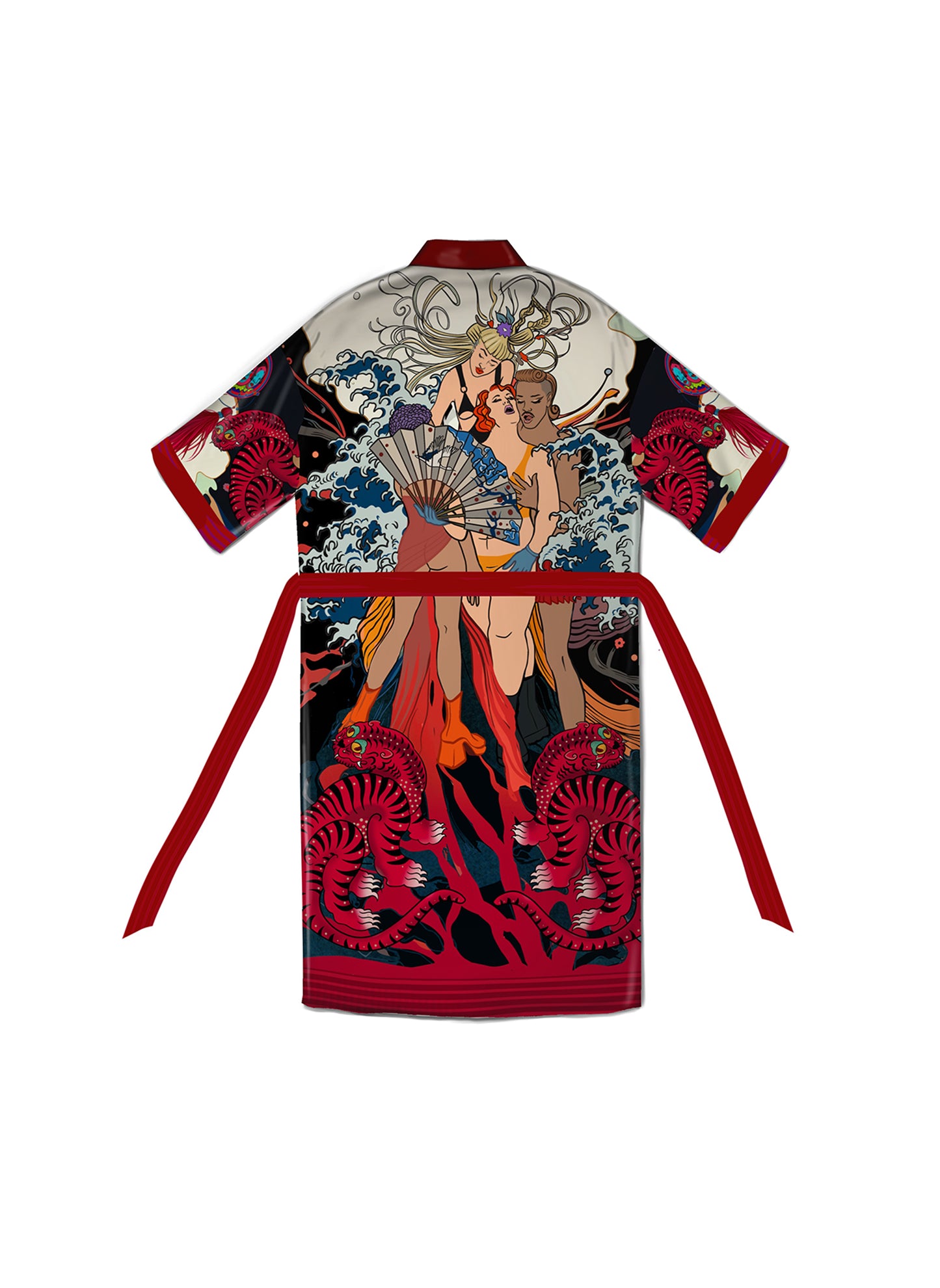 Close-up of soft Cupro Bemberg fabric with printed artwork artistic kimono