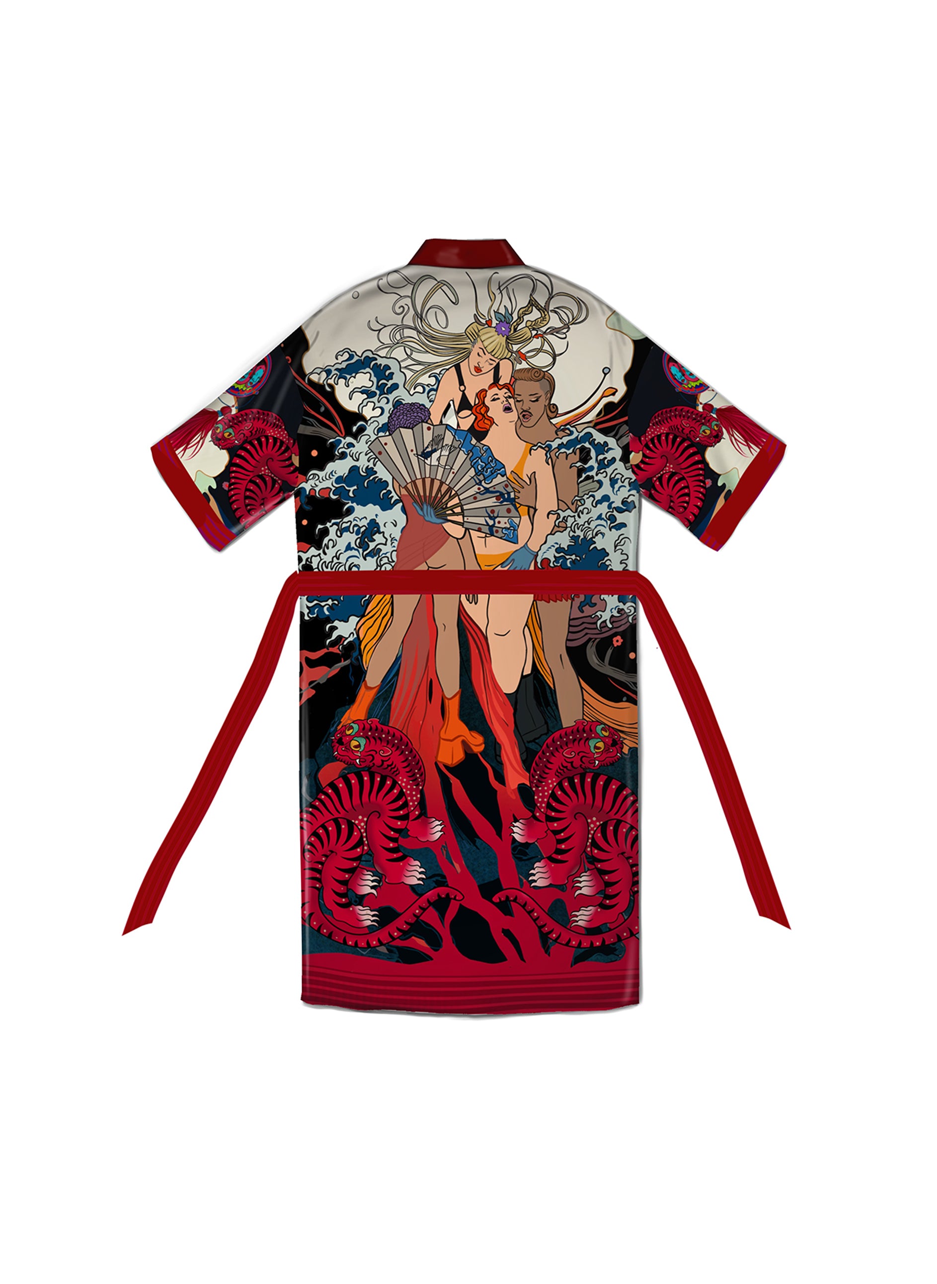 Close-up of soft Cupro Bemberg fabric with printed artwork artistic kimono