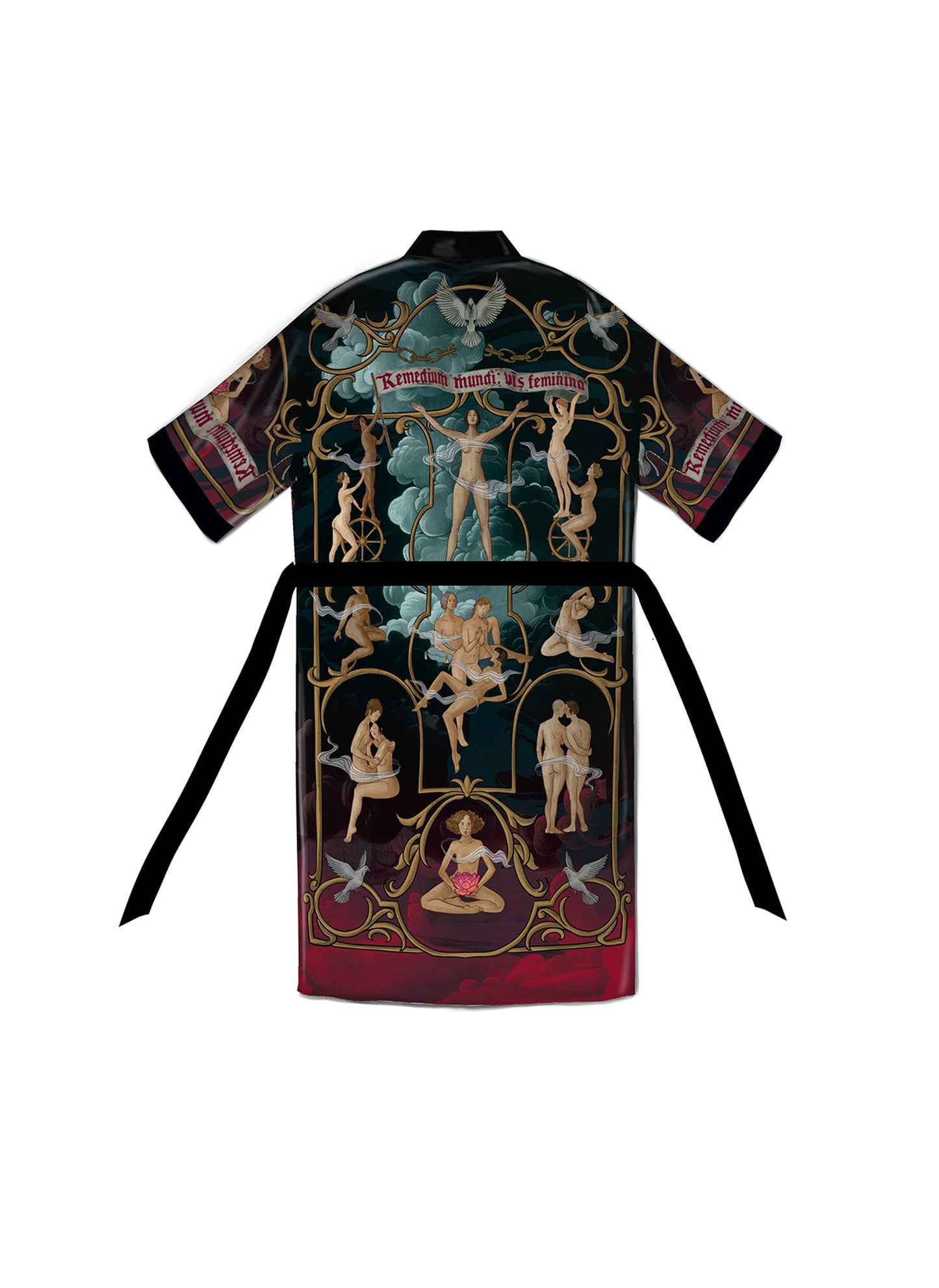 Close-up of back-side Cupro Bemberg fabric with detailed hand-painted illustration