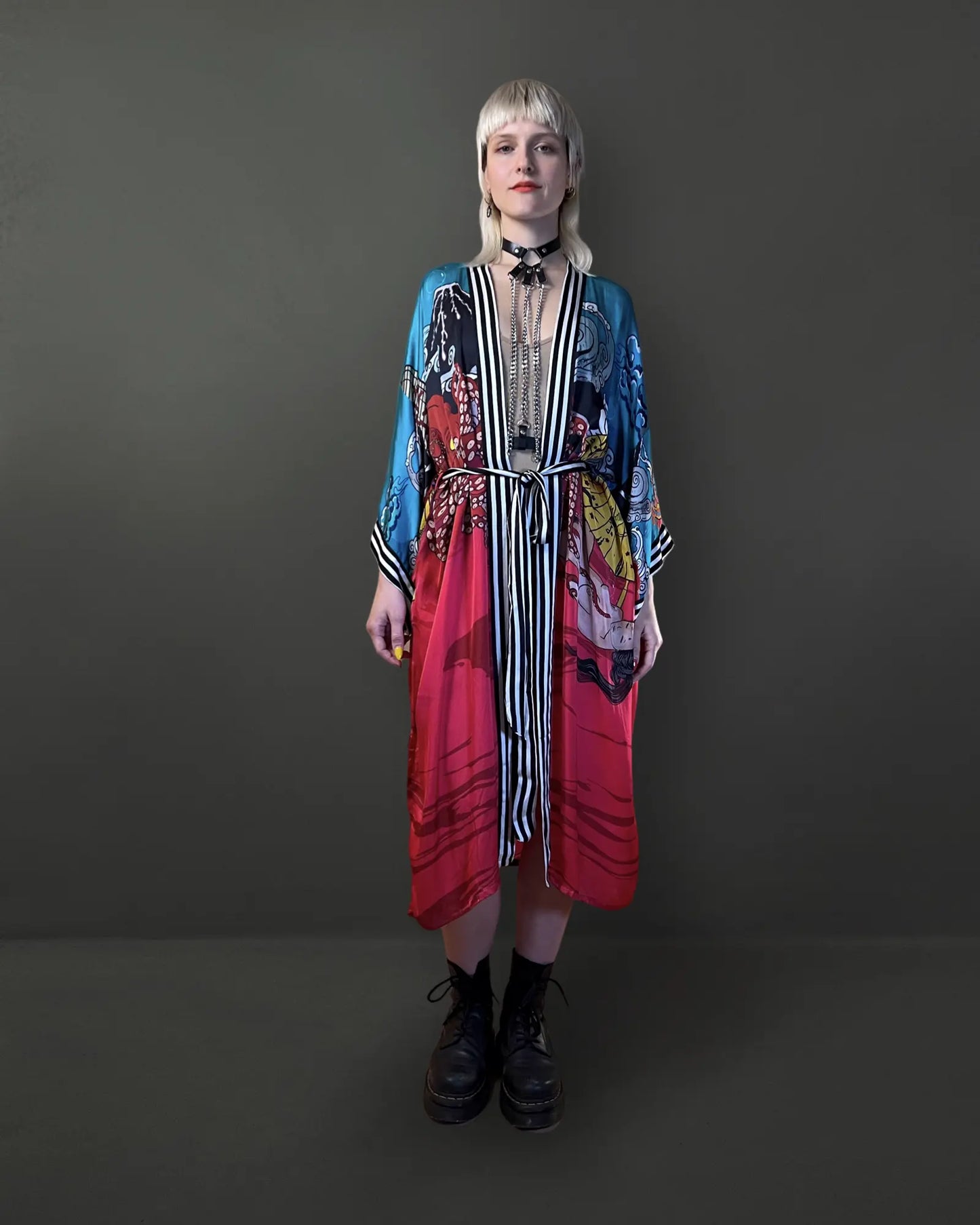 Front view of Japanese Dream artistic kimono in red with hand-drawn feminine artwork