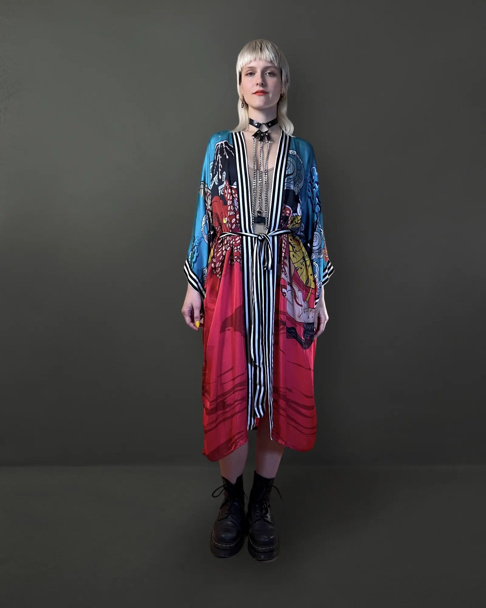 Front view of Japanese Dream artistic kimono in red with hand-drawn feminine artwork