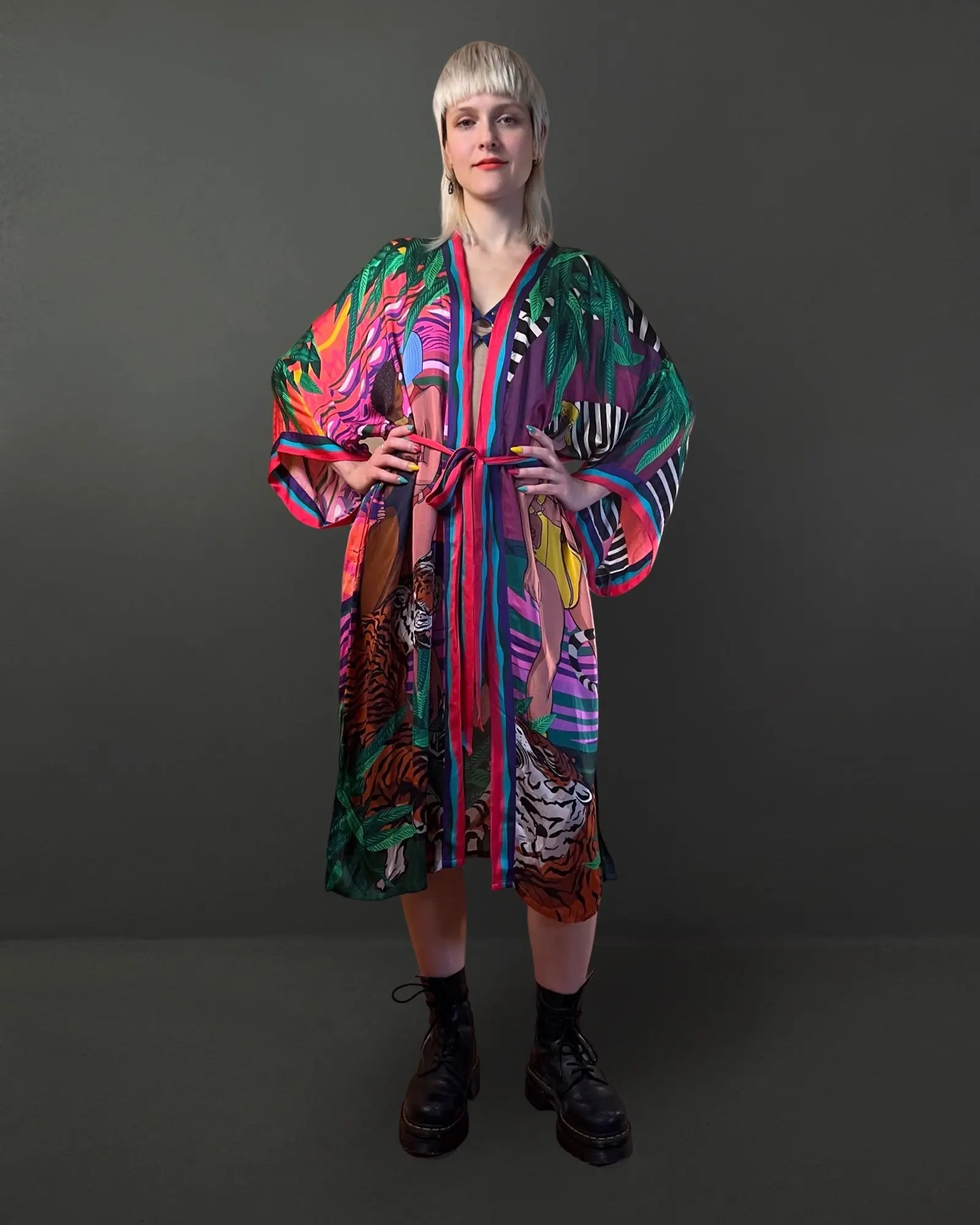 Front view of Jungle of Eden artistic kimono in tropical colors with hand-drawn feminine artwork
