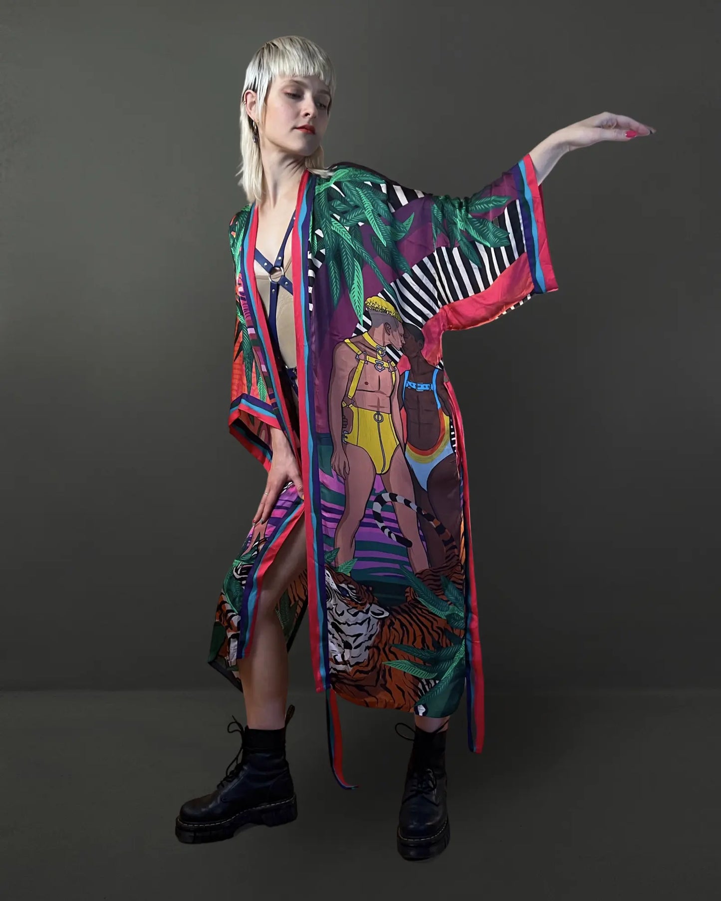 Front view of Jungle of Eden artistic kimono in tropical colors with hand-drawn feminine artwork