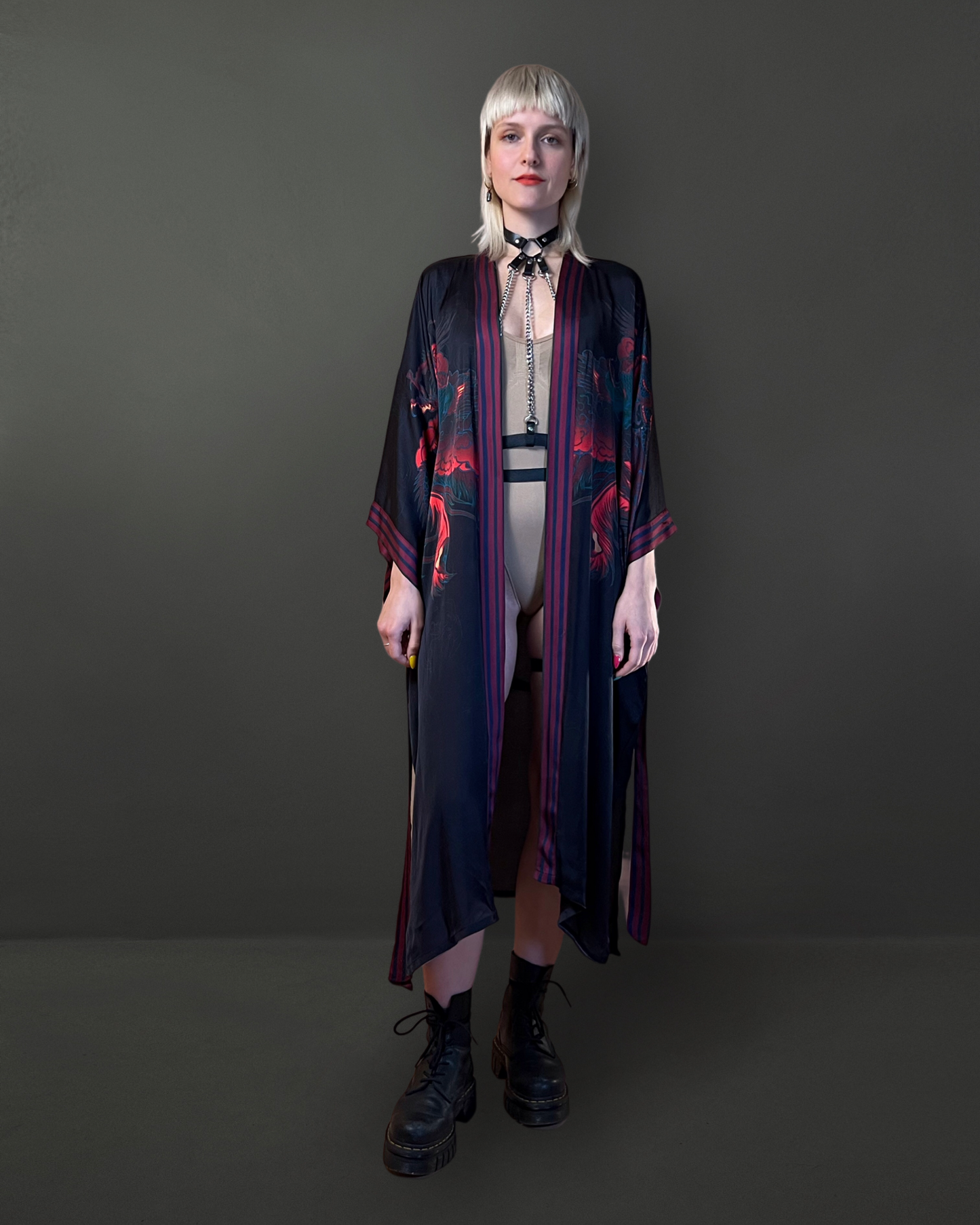 Front view of Night Dragon black artistic kimono with symbolic hand-drawn design