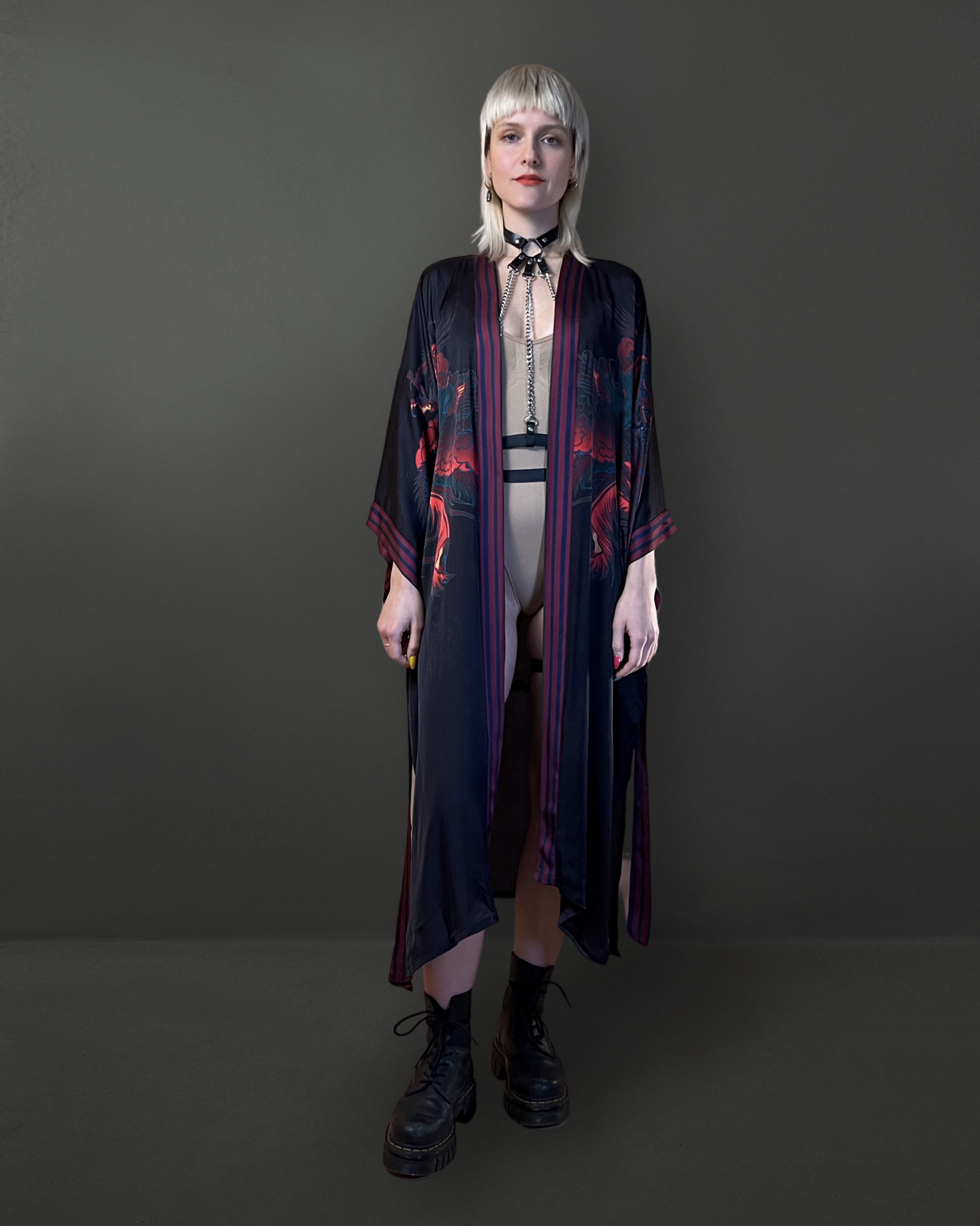 Front view of Night Dragon black artistic kimono with symbolic hand-drawn design