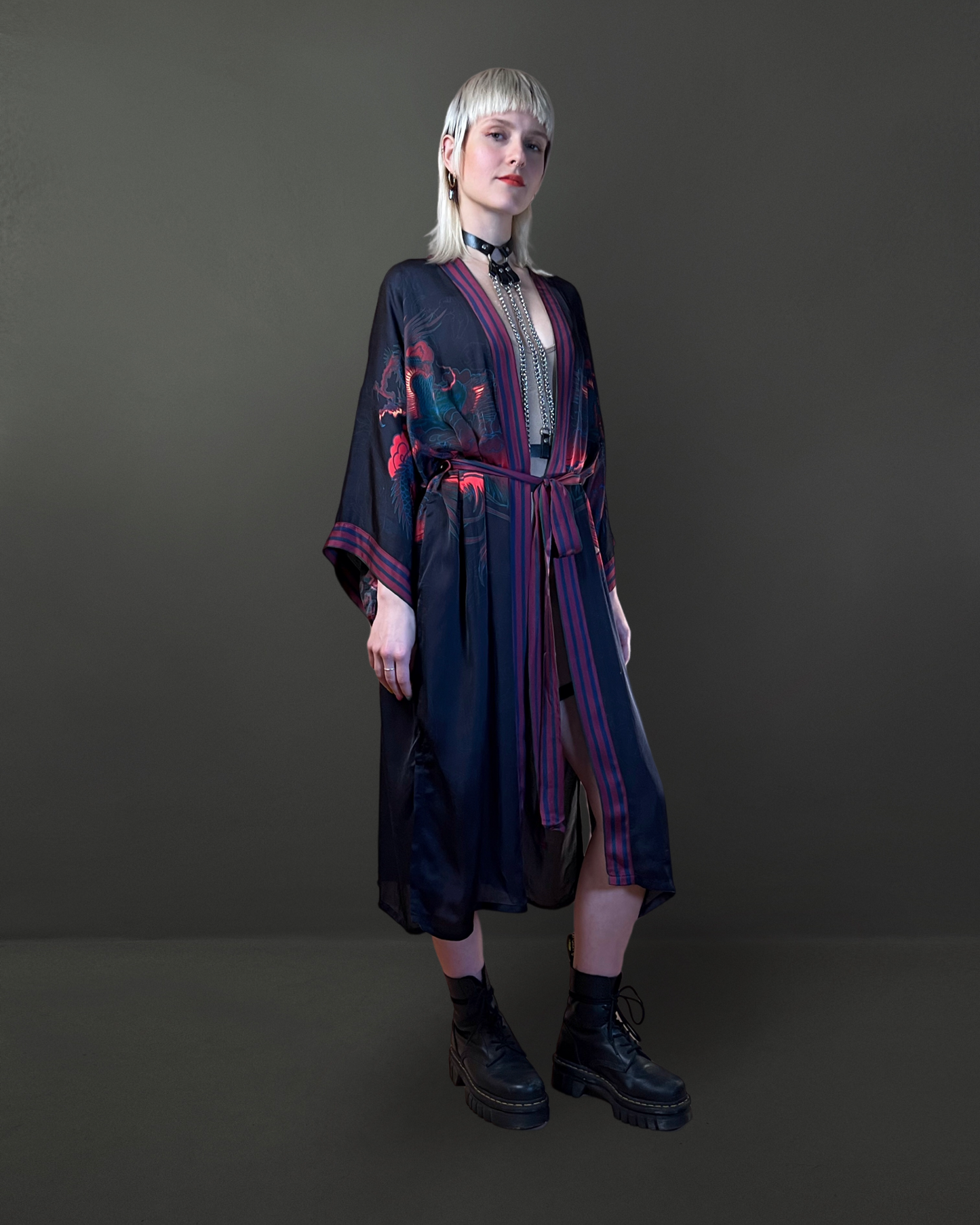 Side view of artistic kimono showing relaxed fit and functional pockets