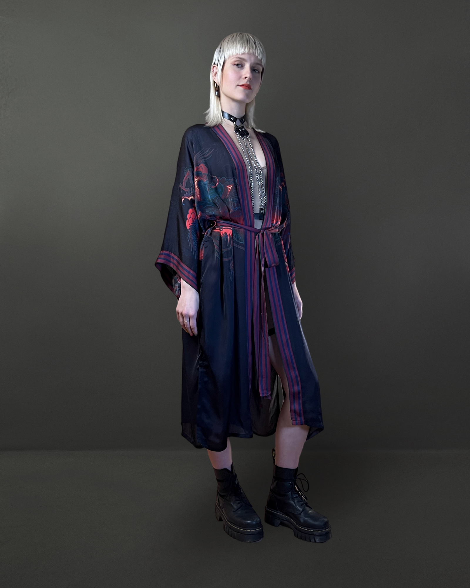 Side view of artistic kimono showing relaxed fit and functional pockets