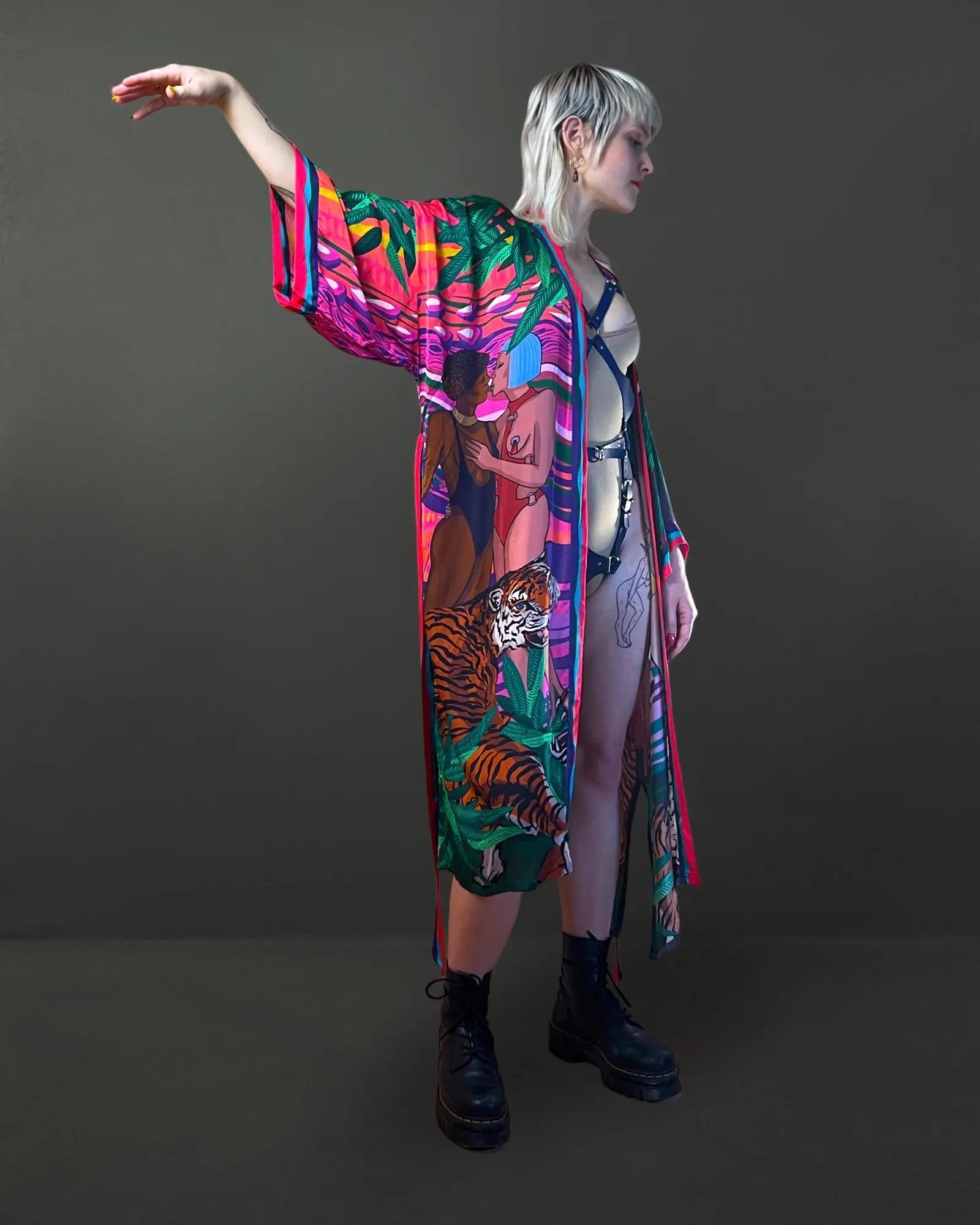 Side view showing functional pockets and relaxed drape of the Jungle of Eden kimono