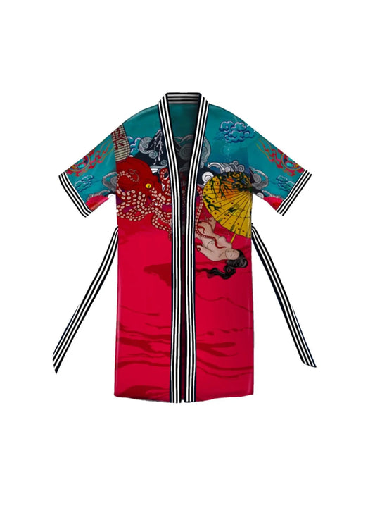 Front view of Japanese Dream artistic kimono in red with hand-drawn feminine artwork