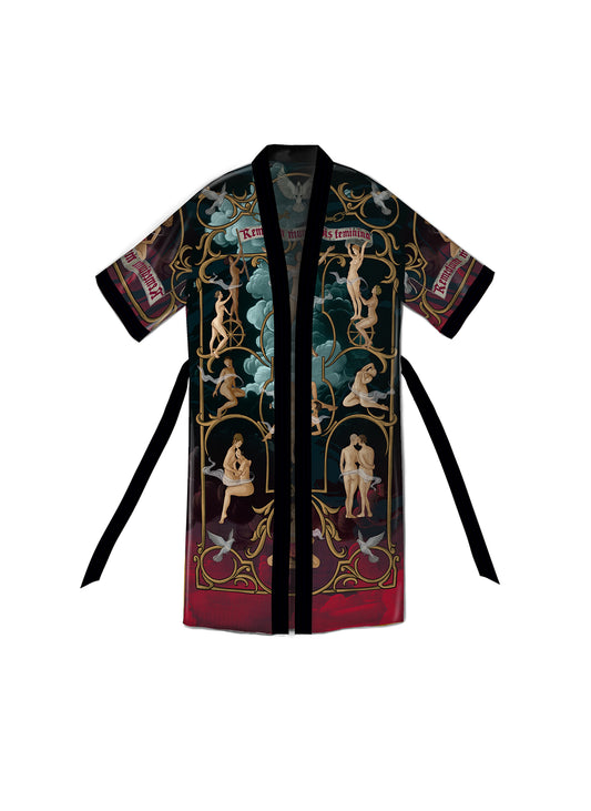 Front view of Vis Black artistic kimono with symbolic hand-drawn designs