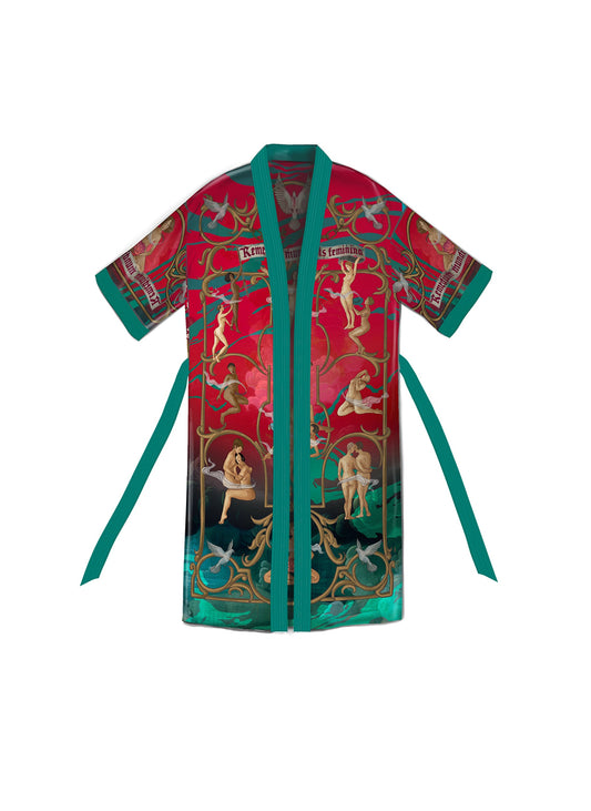 Front view of red artistic kimono with hand-drawn feminist artwork