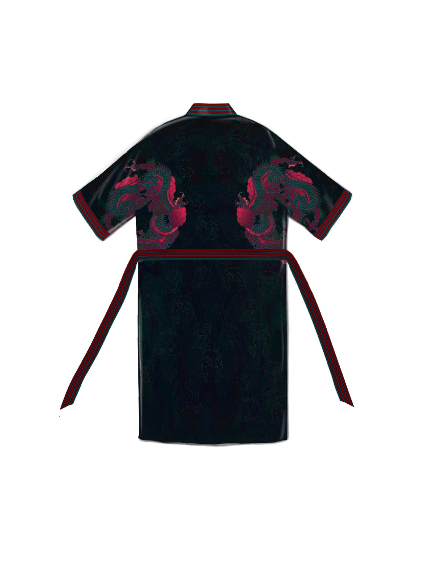 Back view of flowing kimono showcasing artwork and soft black fabric close up 